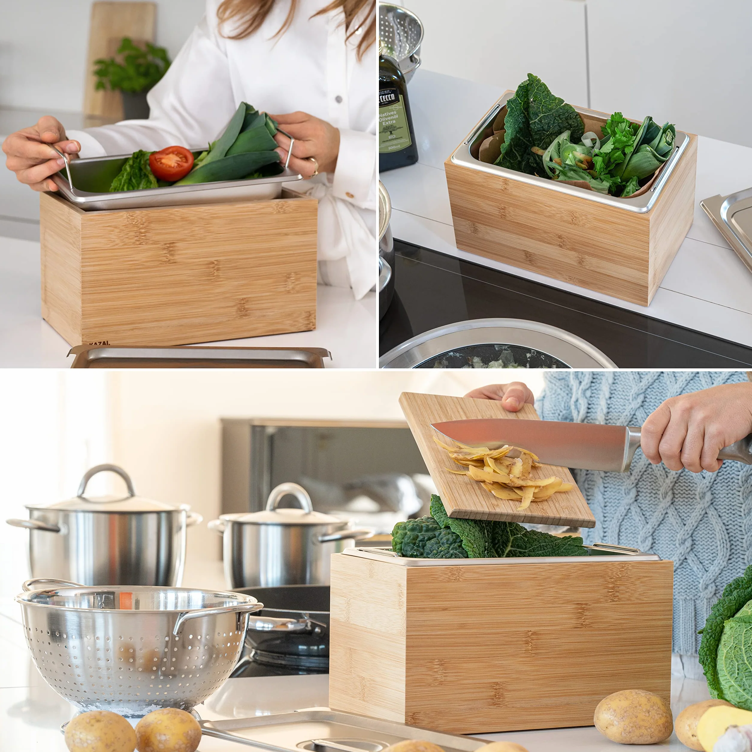 Poubelle Organique 4.5L Composteur de Cuisine Bambou Passe au Lave-Vaisselle KAZAI