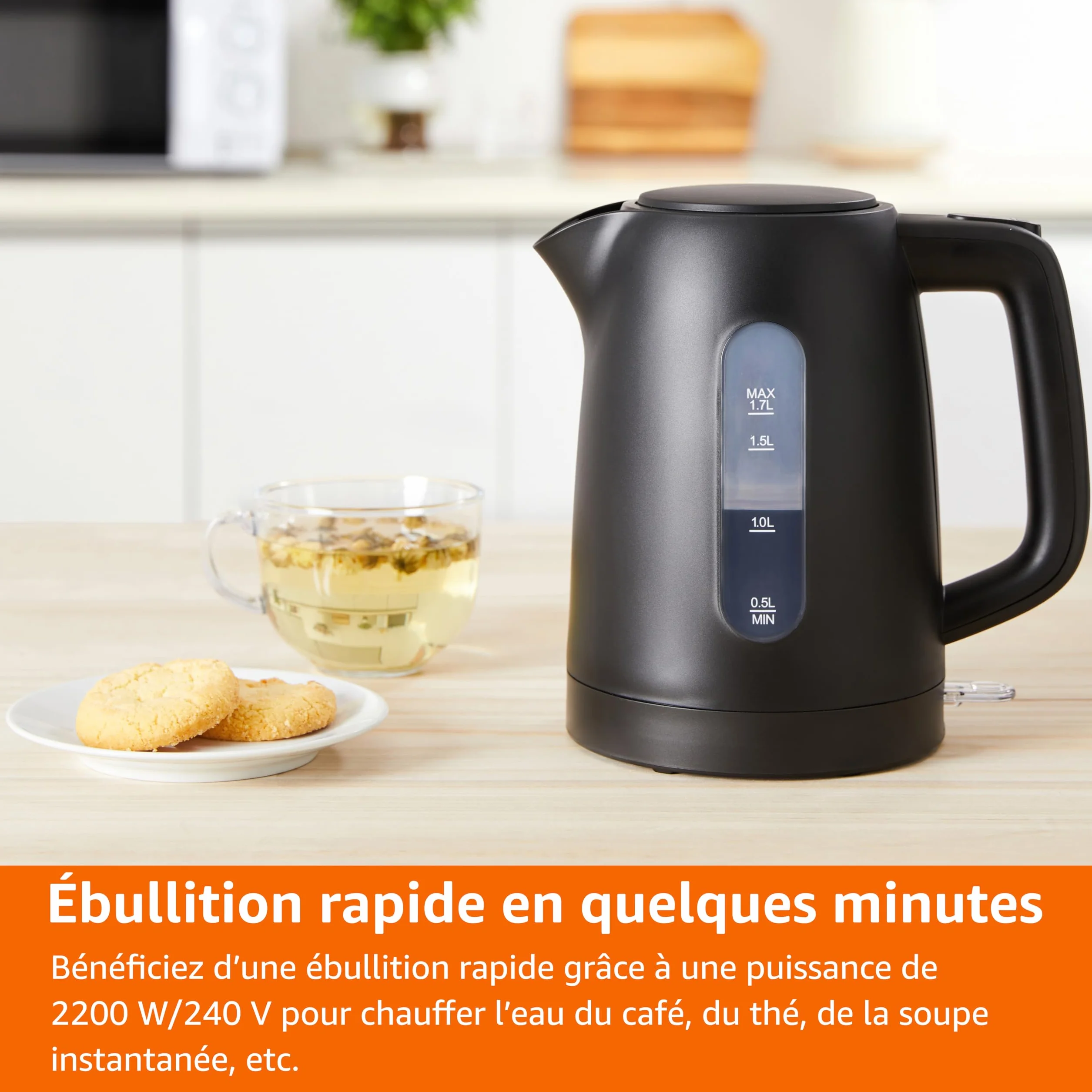 Amazon Basics Bouilloire Électrique 1,7L 2200W Sans BPA Base 360° Noir Mat
