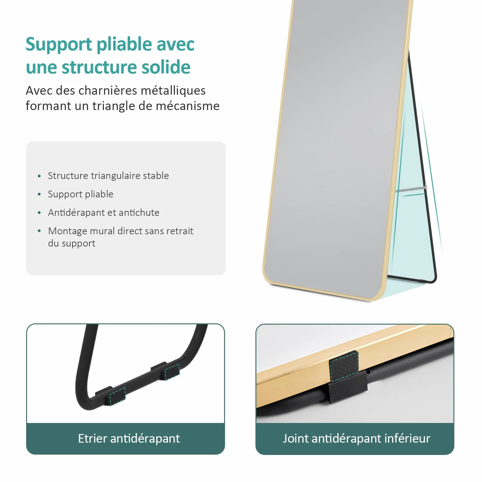 Miroir sur Pied 160 x 60 cm Cadre Aluminium Doré pour Salon Chambre