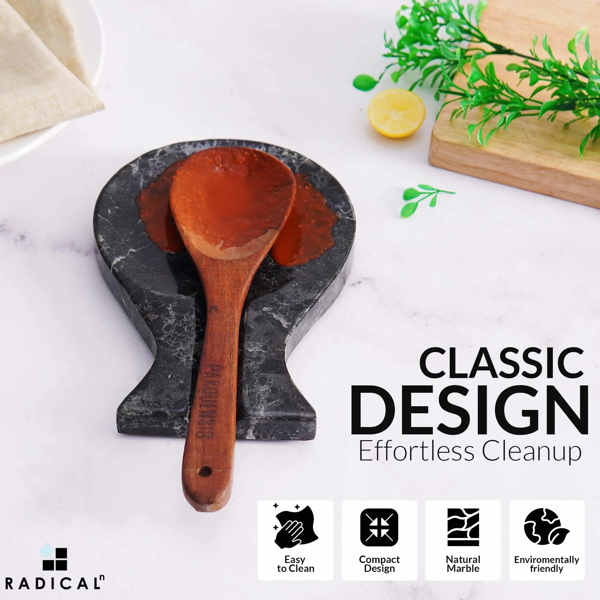 Repose-cuillère en marbre 20,3 cm noir fait main pour plan de travail décoration cuisine style ferme moderne