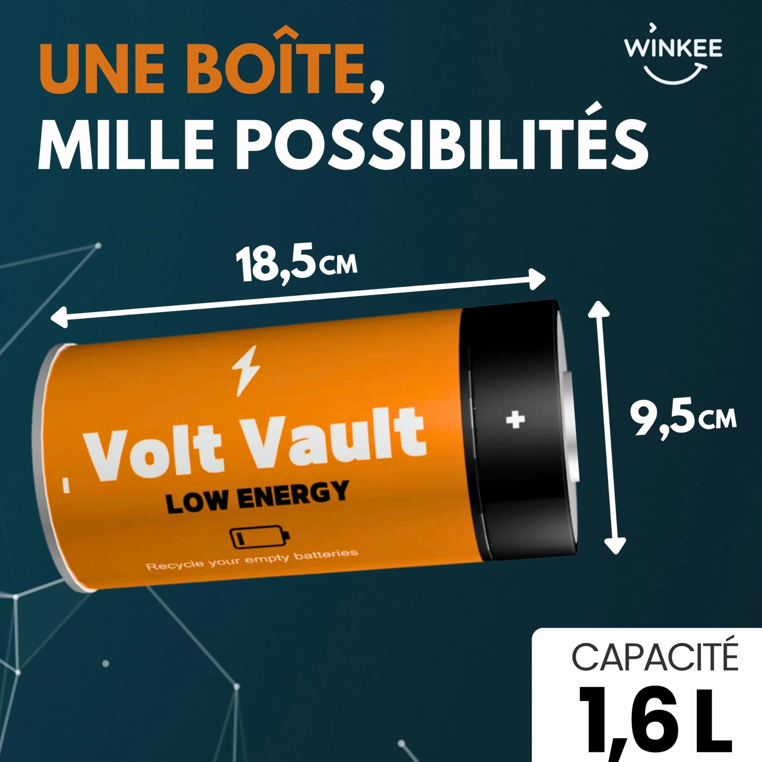 Winkee Boîte Volt Vault - Poubelle de bureau design - Rangement piles usagées - Boîte en métal