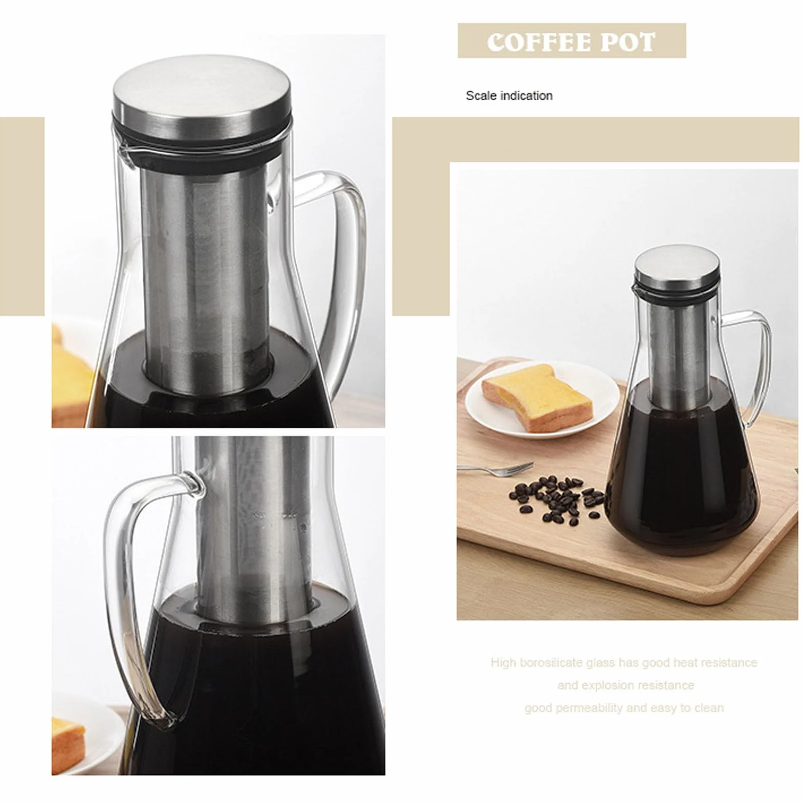Cafetière à Infusion à Froid en Acier Inoxydable Pichet Verre Borosilicate 1600ML
