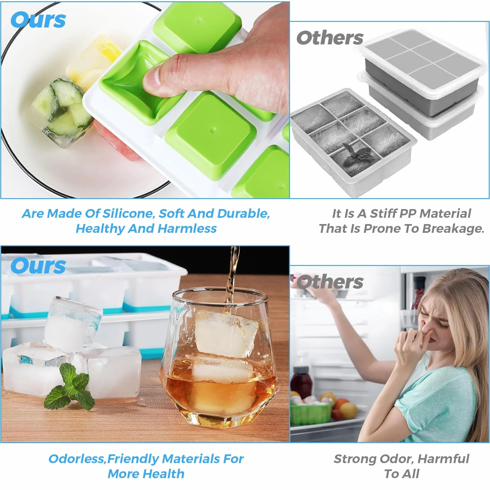 Bac à Glaçons en Silicone avec Couvercle 2 Pièces Empilable Sans BPA Vert Bleu