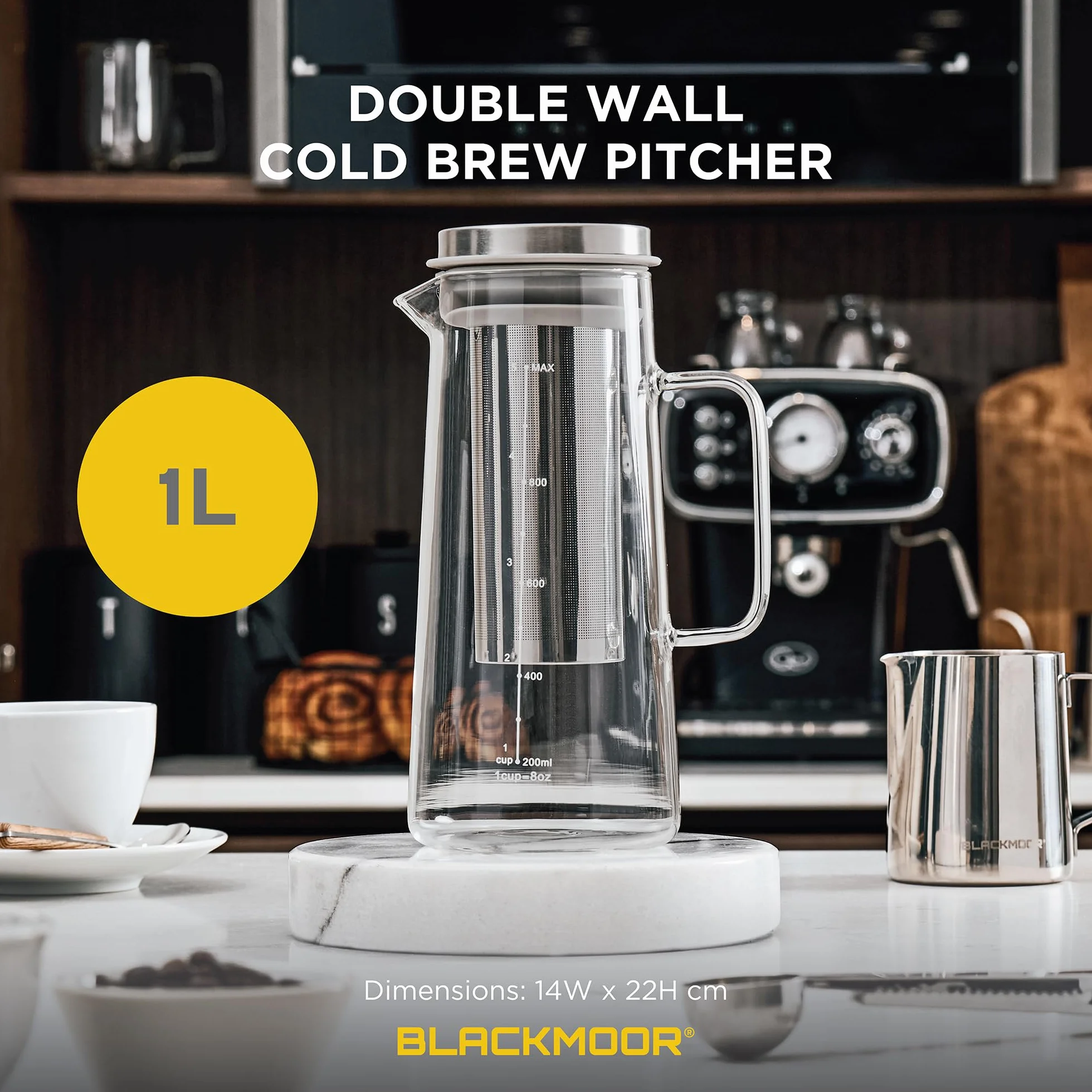 Blackmoor Carafe d'infusion à froid en verre borosilicate 1000 ml double paroi avec filtre inox 304