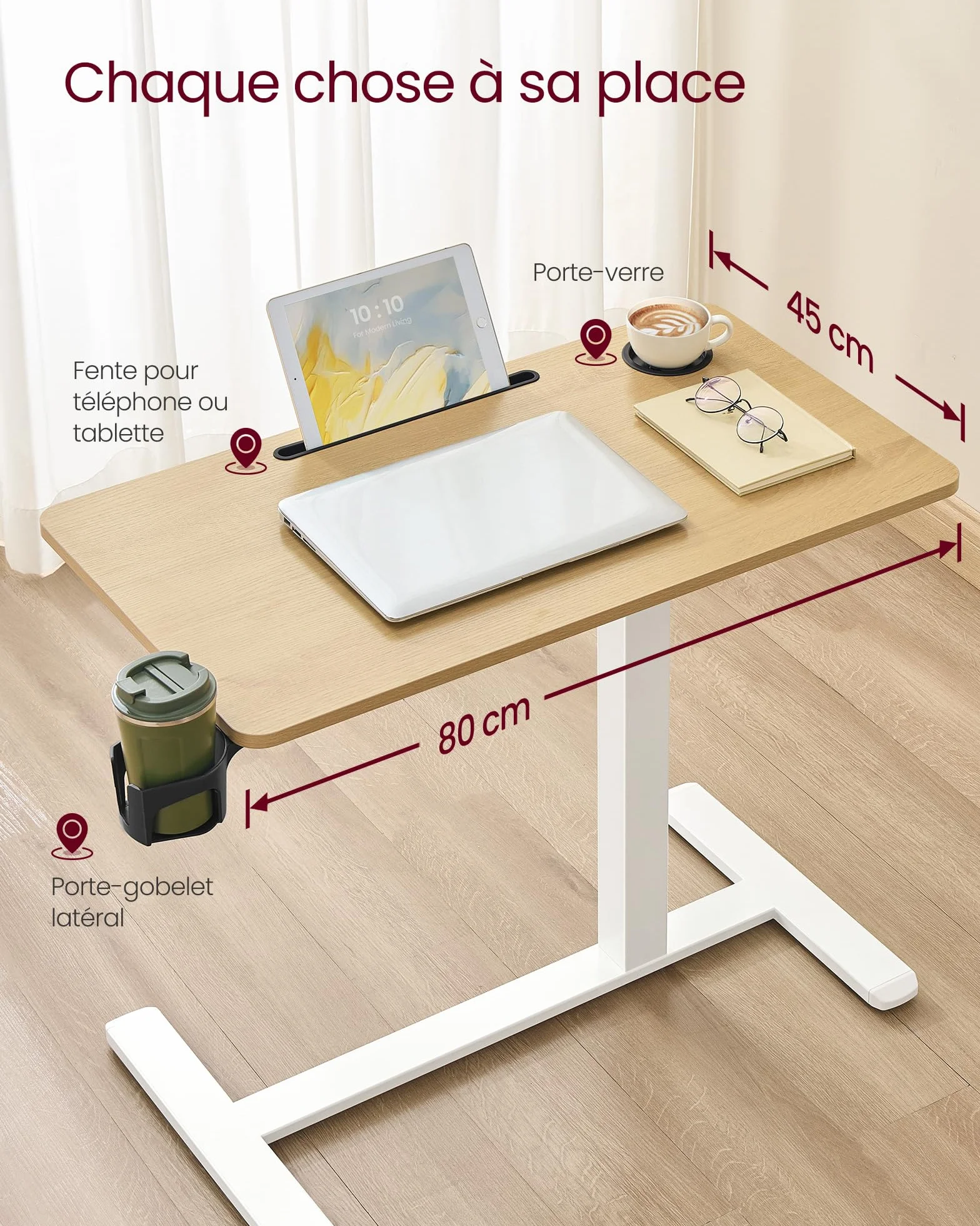 VASAGLE Bureau Assis-Debout sur roulettes, Table Réglable en Hauteur 80x45 cm, Doré Chêne