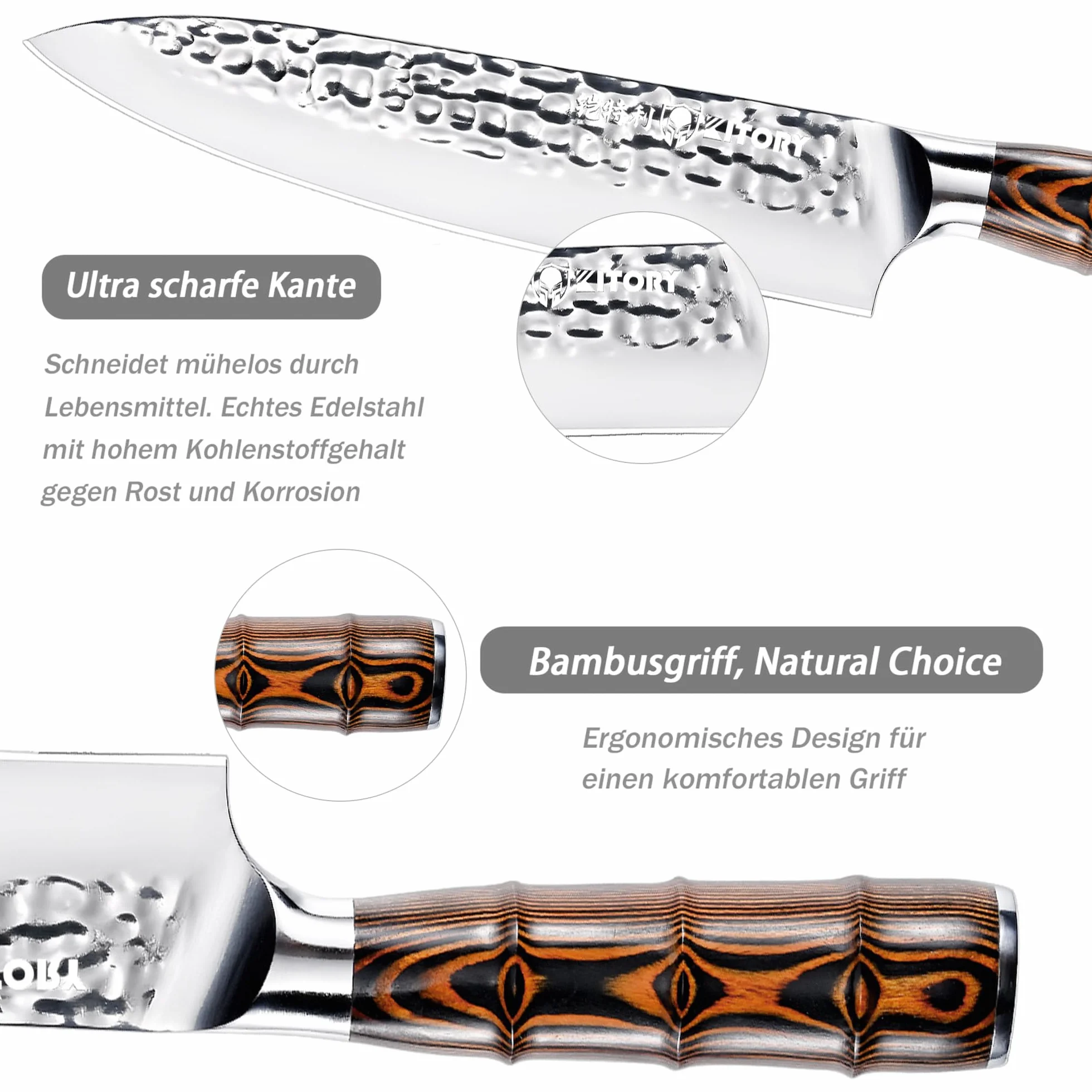 Couteau de Chef 20 cm, Couteau de Cuisine Professionnel, Lame Acier Inoxydable Haute Carbone, Poignée Bambou Ergonomique