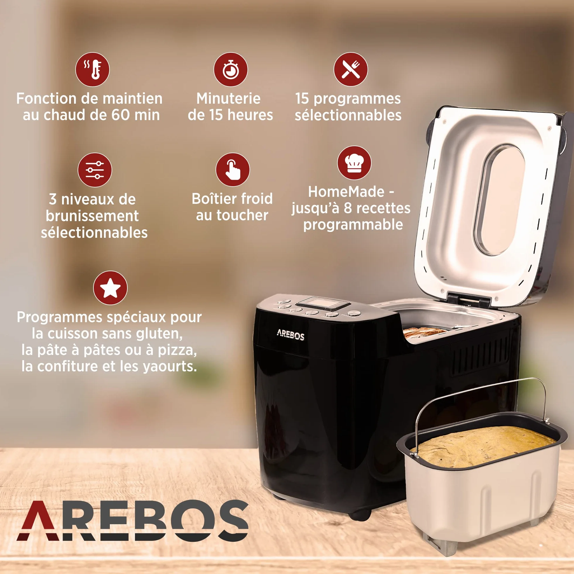 Arebos Machine à pain 1500 g 850 W Noir 15 programmes 2 crochets de pétrissage
