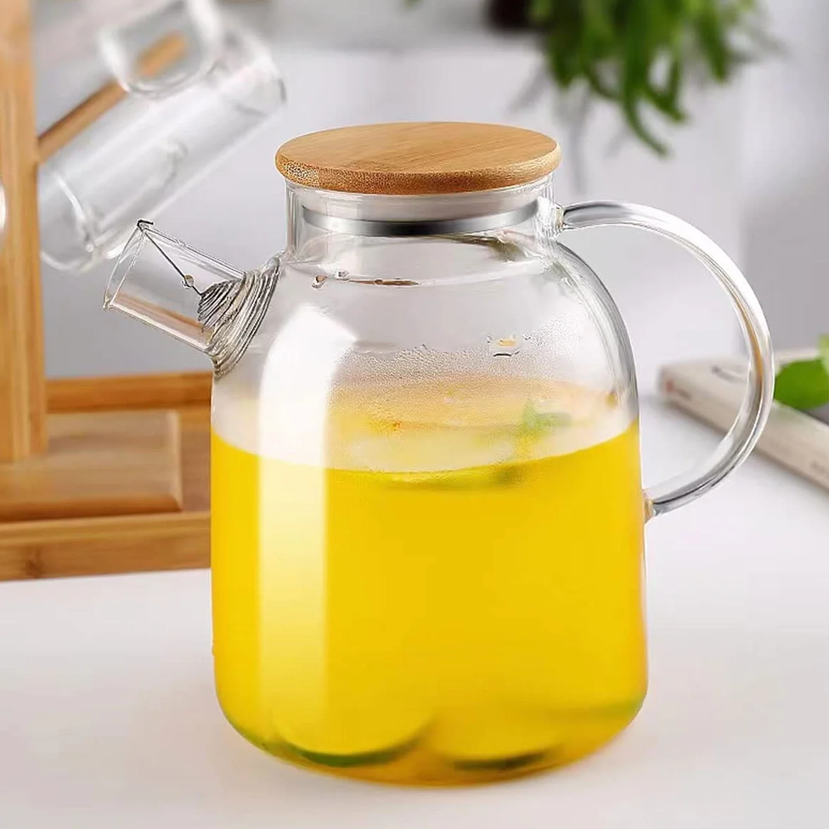 Théière en verre borosilicate 1,6 L avec filtre métal et couvercle bambou