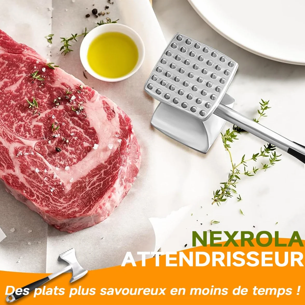 Attendrisseur de Viande Marteau Double Face avec Poignée Antidérapante pour Steak Poulet Côtelettes