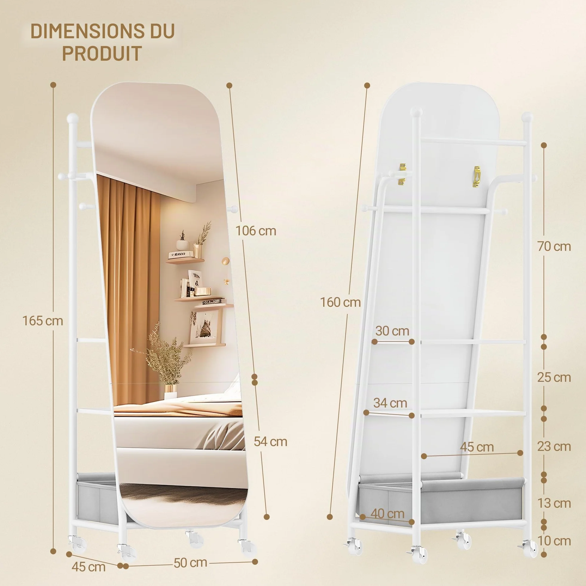Miroir sur pied avec Porte-Manteau 50x165,8 cm Roues Pivotantes 360° Blanc