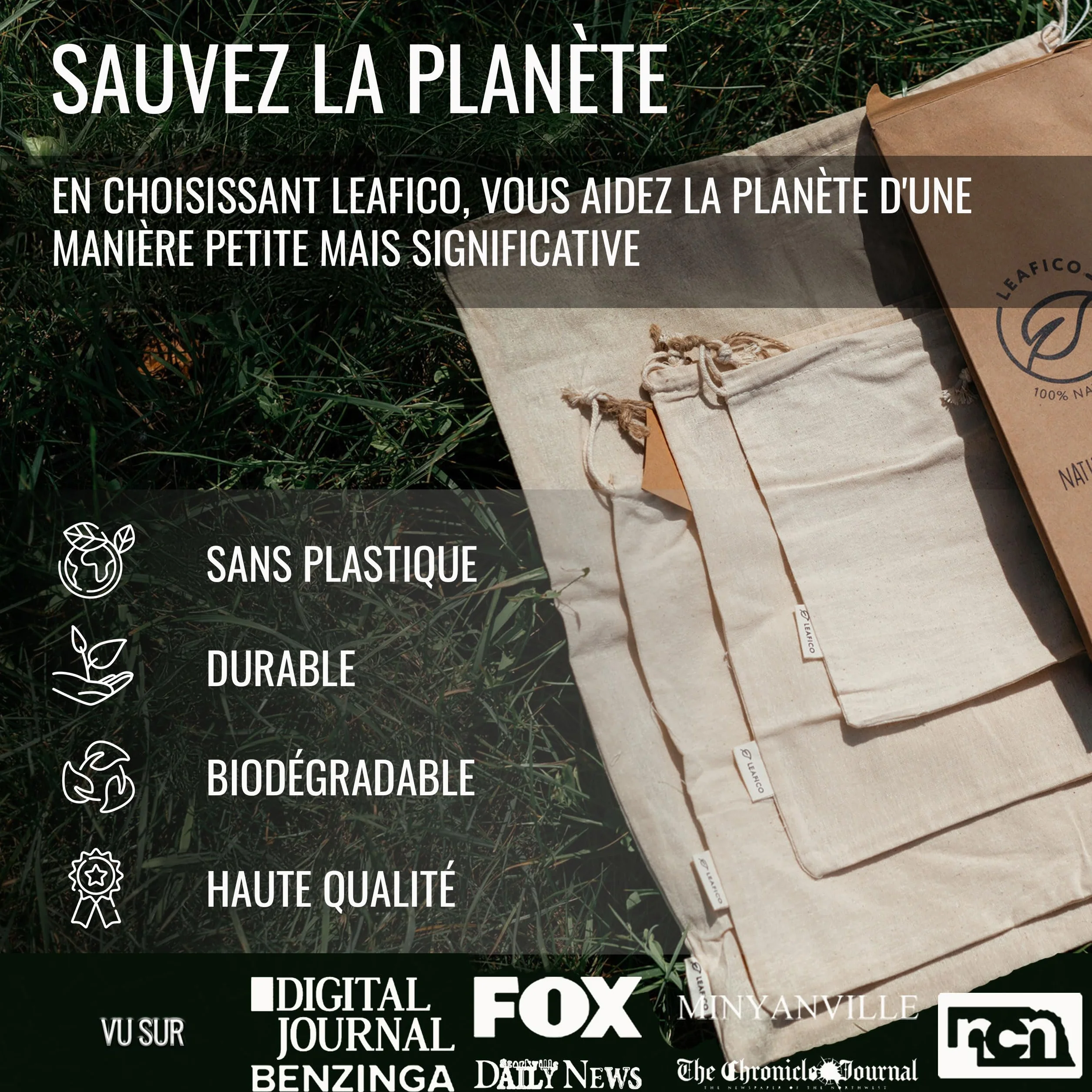 LEAFICO Sacs Réutilisables en Coton Taille Moyen 20x25 cm Lot de 12 avec Cordon