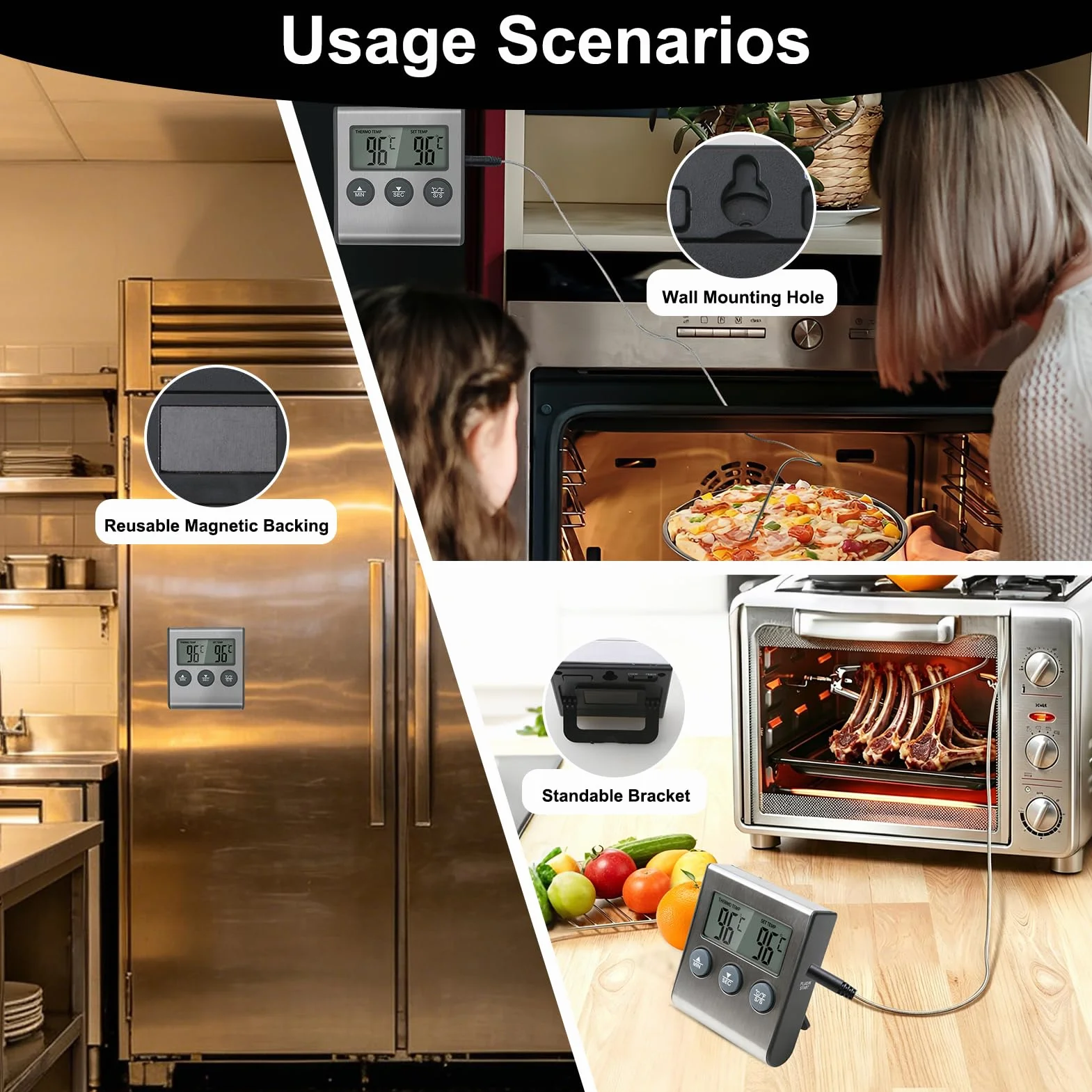 Thermomètre de Cuisson Numérique avec Grand Écran LCD, Sonde en Acier Inoxydable, Minuterie pour Four, Gril et Barbecue