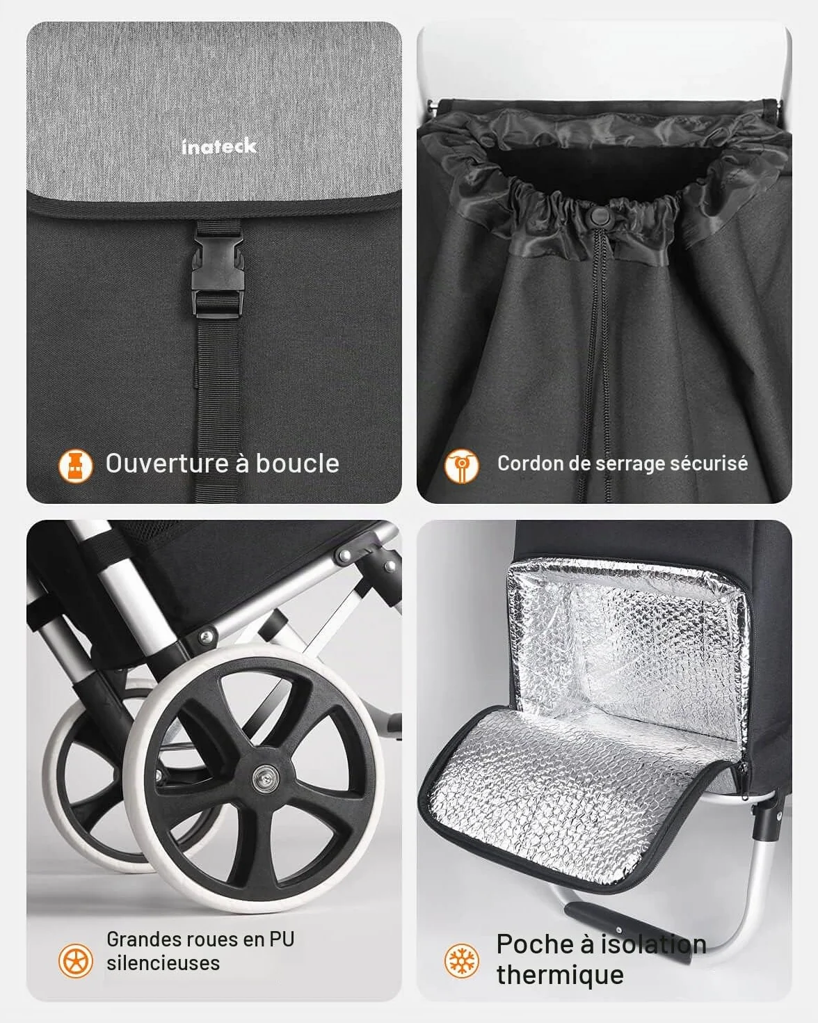 Inateck Chariot de Courses Pliable 41L Grandes Roues Silencieuses Cadre Aluminium Sac Imperméable Isotherme Noir Gris