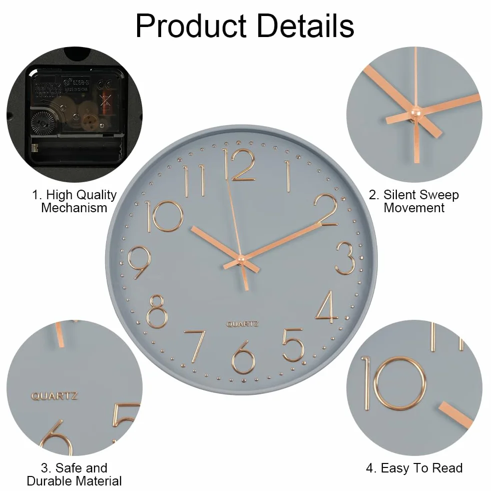 Aolso 30CM Horloge Murale Design Moderne Silencieuse, Mouvement à Quartz, 12 Pouces Ronde, Salon Bureau Chambre (Cadre Gris Fond Gris)