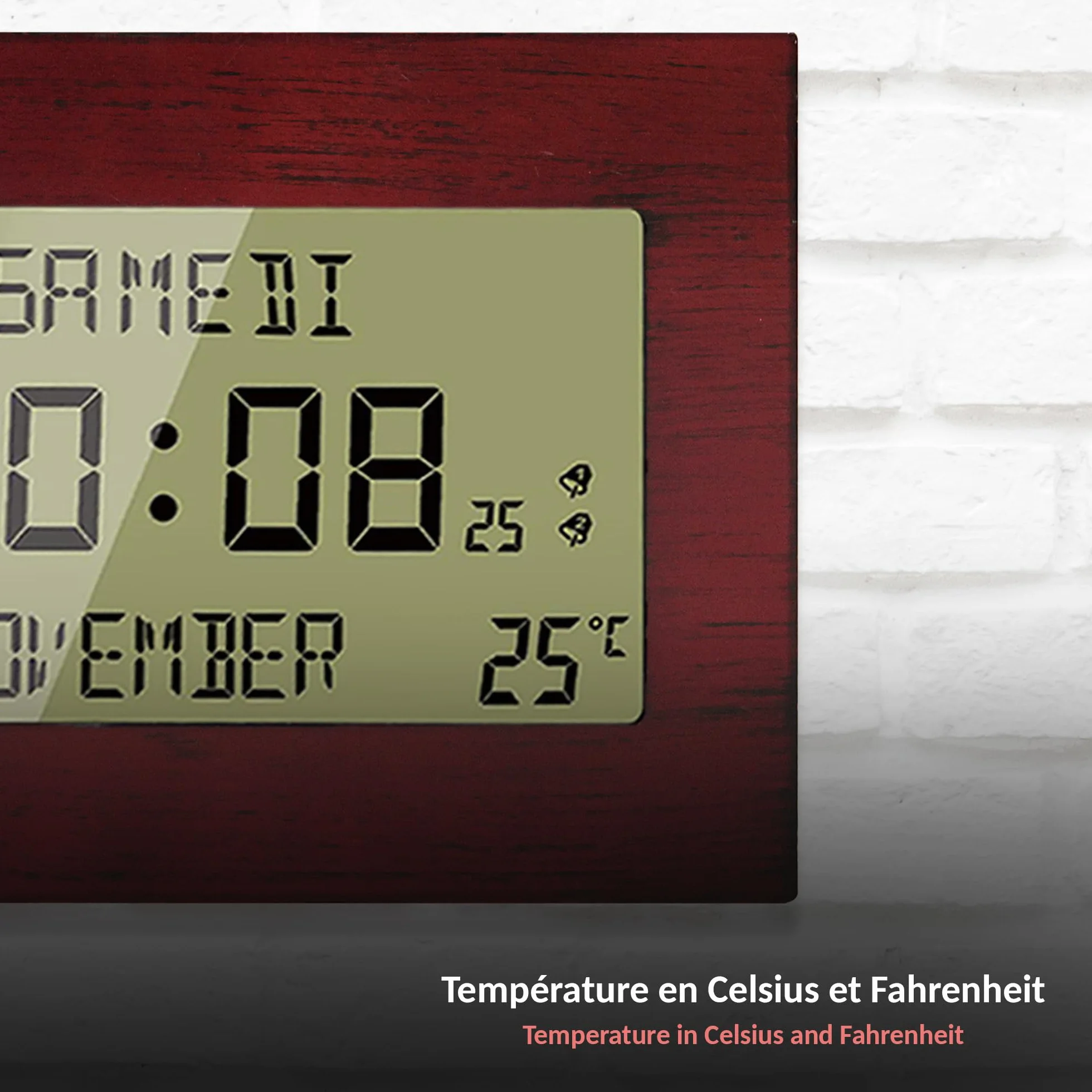 Fishtec Horloge Réveil Numérique Radiopilotée Motif Bois Grand Écran LCD Date Jour Température Double Alarme Snooze 23 x 16 cm