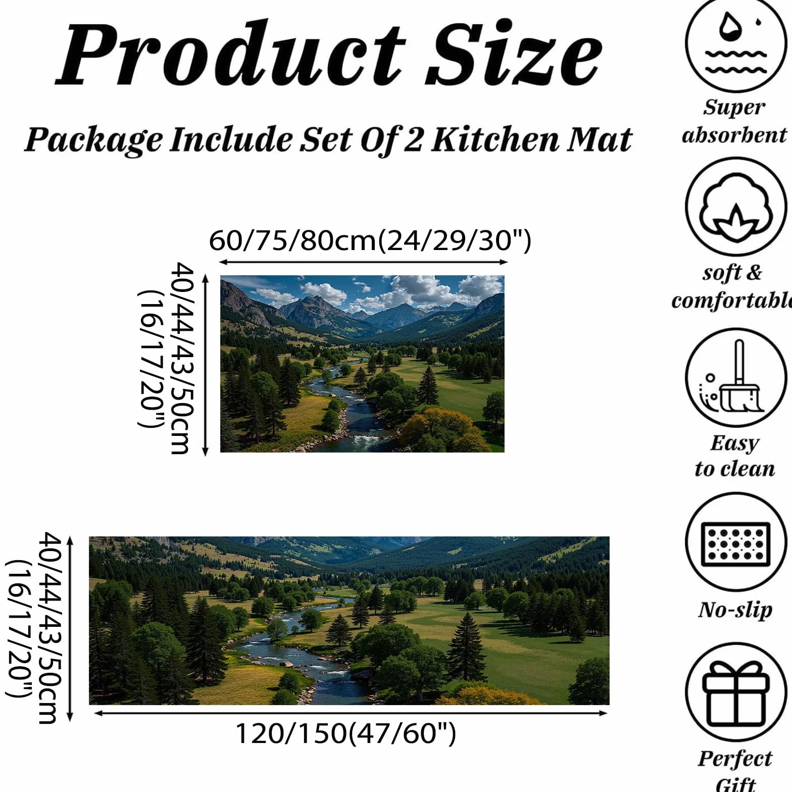 Tapis Cuisine Antiderapant Lavable Lot De 2 Parc Forestier Naturel, Tapis Anti-Fatigue Design Paysage Montagne Vert Foncé pour Couloir Salle À Manger Entrée