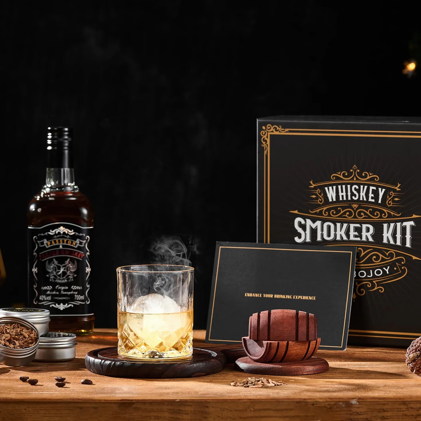Kit de Fumoir pour Whisky avec Chalumeau - 6 Arômes de Copeaux de Bois, 2 Verres, 2 Moules à Glaçons Sphériques - Kit Fumoir Cocktail, Cadeau Homme