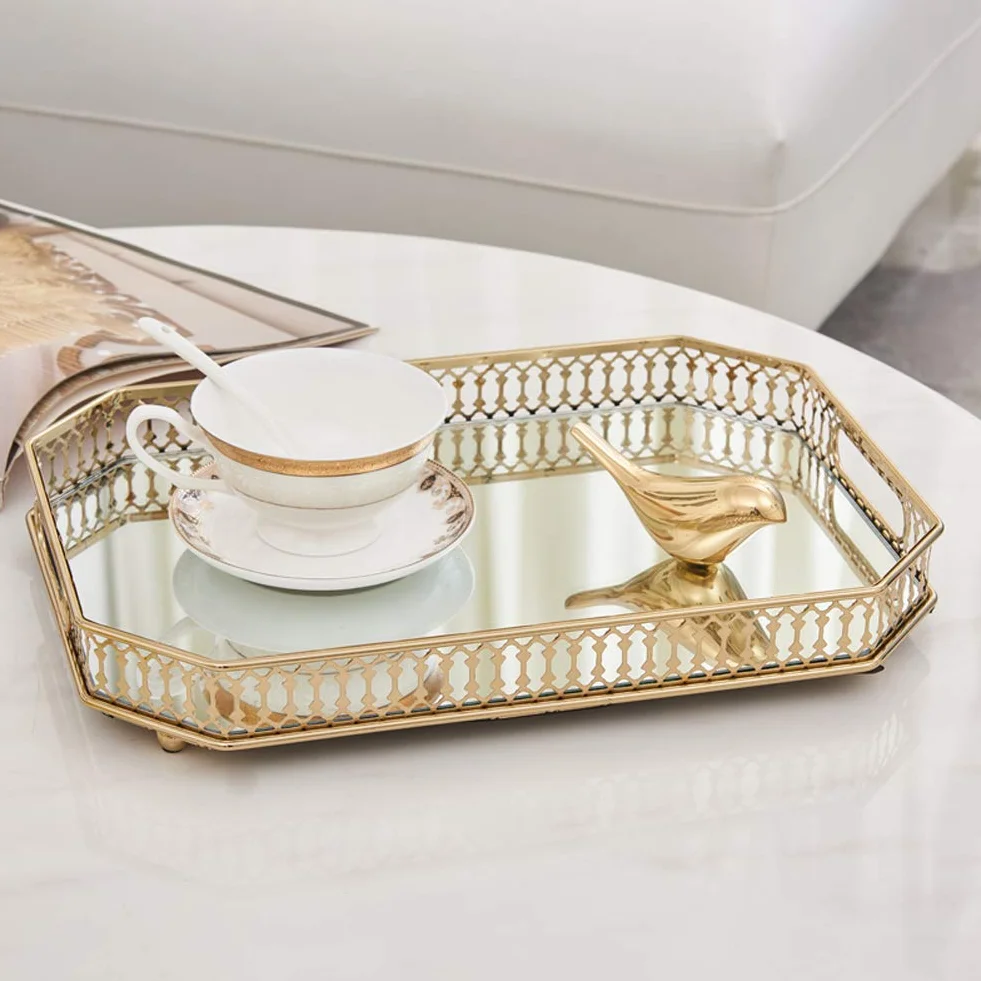 Plateau Décoratif Orné Miroir en Métal Bougeoir Serpent Rangement Table Fruits Bijoux Cosmétiques