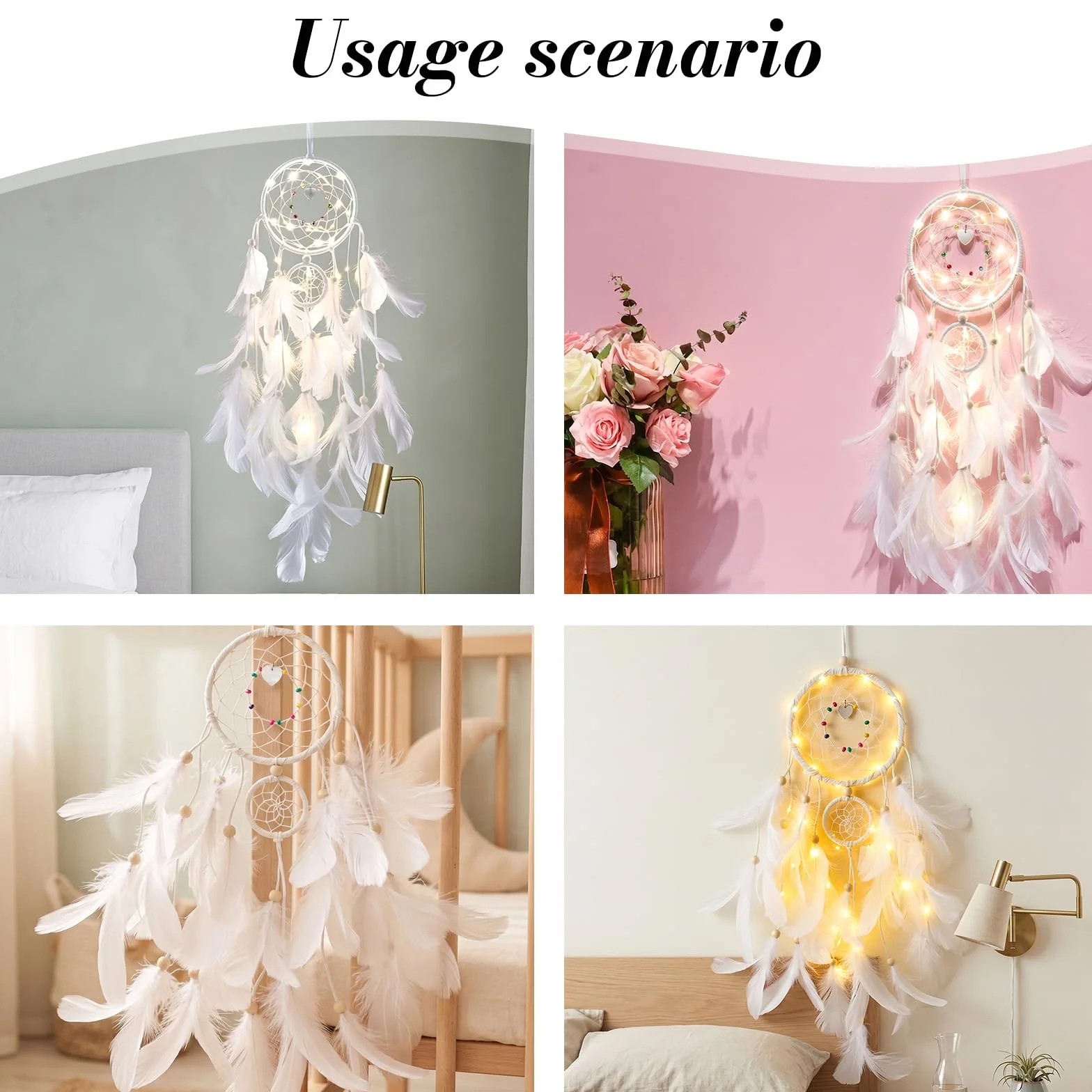 Capteur De Rêves en Plumes Lumineux Attrape Rêve Rétro Décoratif Avec Lumières LED Pour Chambre