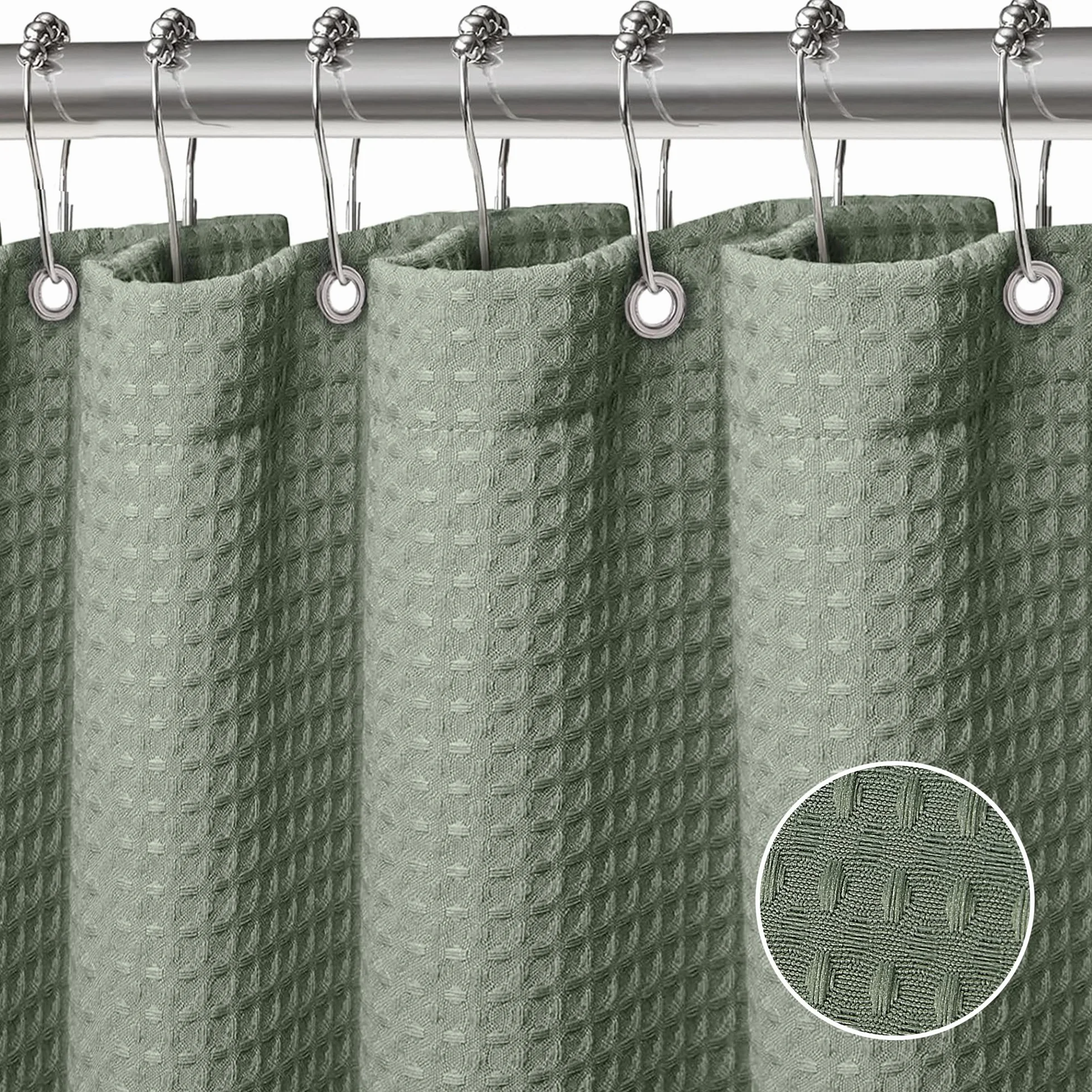 Rideau de Douche en Tissu Polyester Lavable en Machine Imperméable 183 x 183 cm avec 12 Crochets Vert