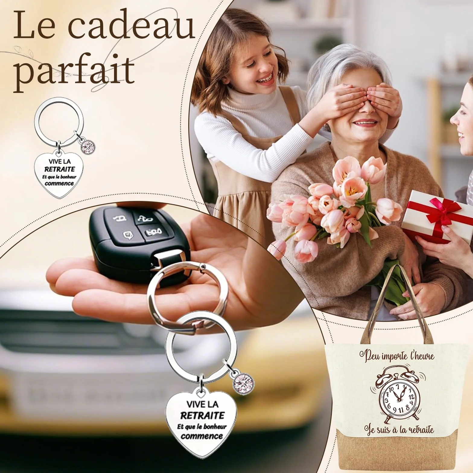 Sac Cabas Toile Robuste Porte-Clés Cadeau Retraite Femme