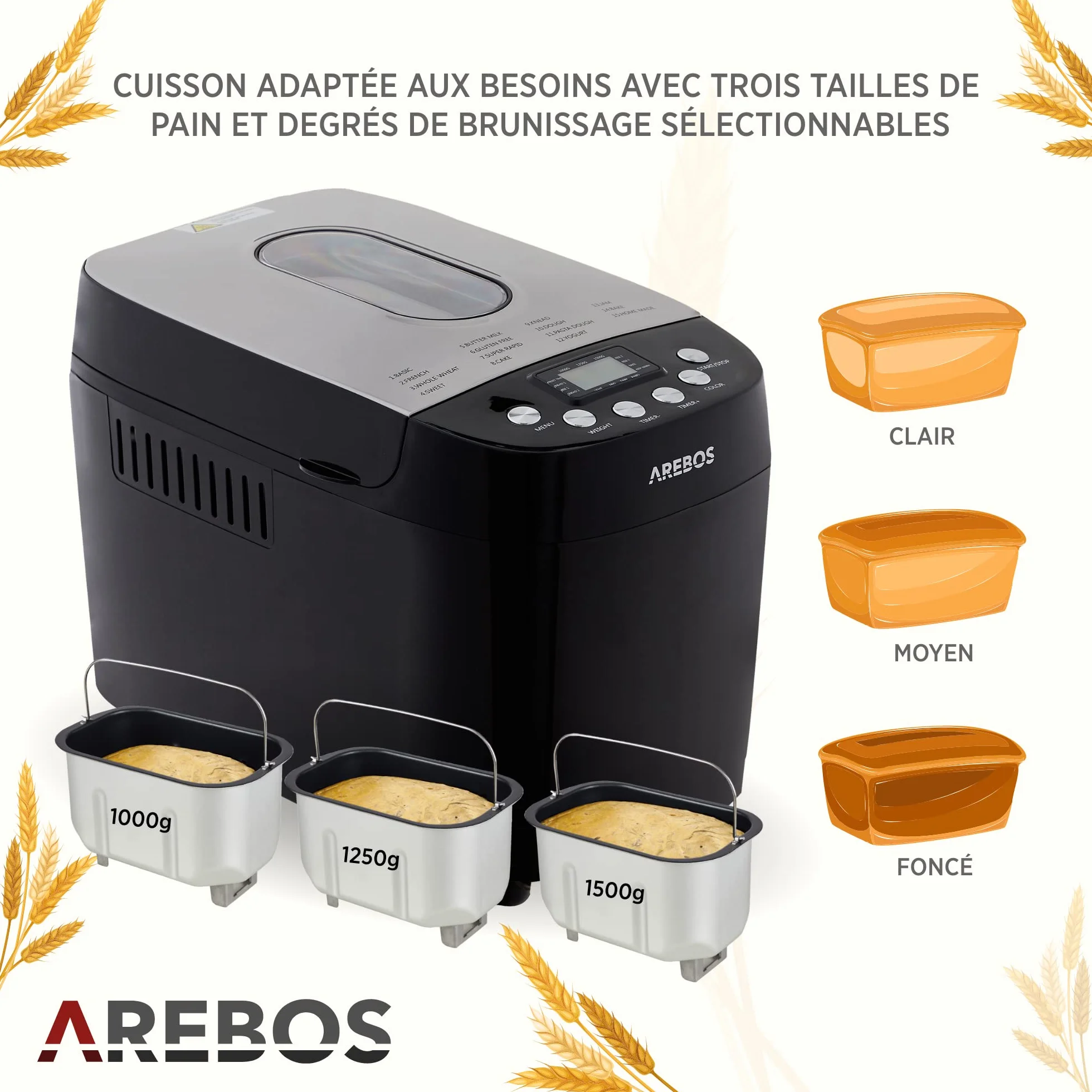 Arebos Machine à pain 1500 g 850 W Noir 15 programmes 2 crochets de pétrissage
