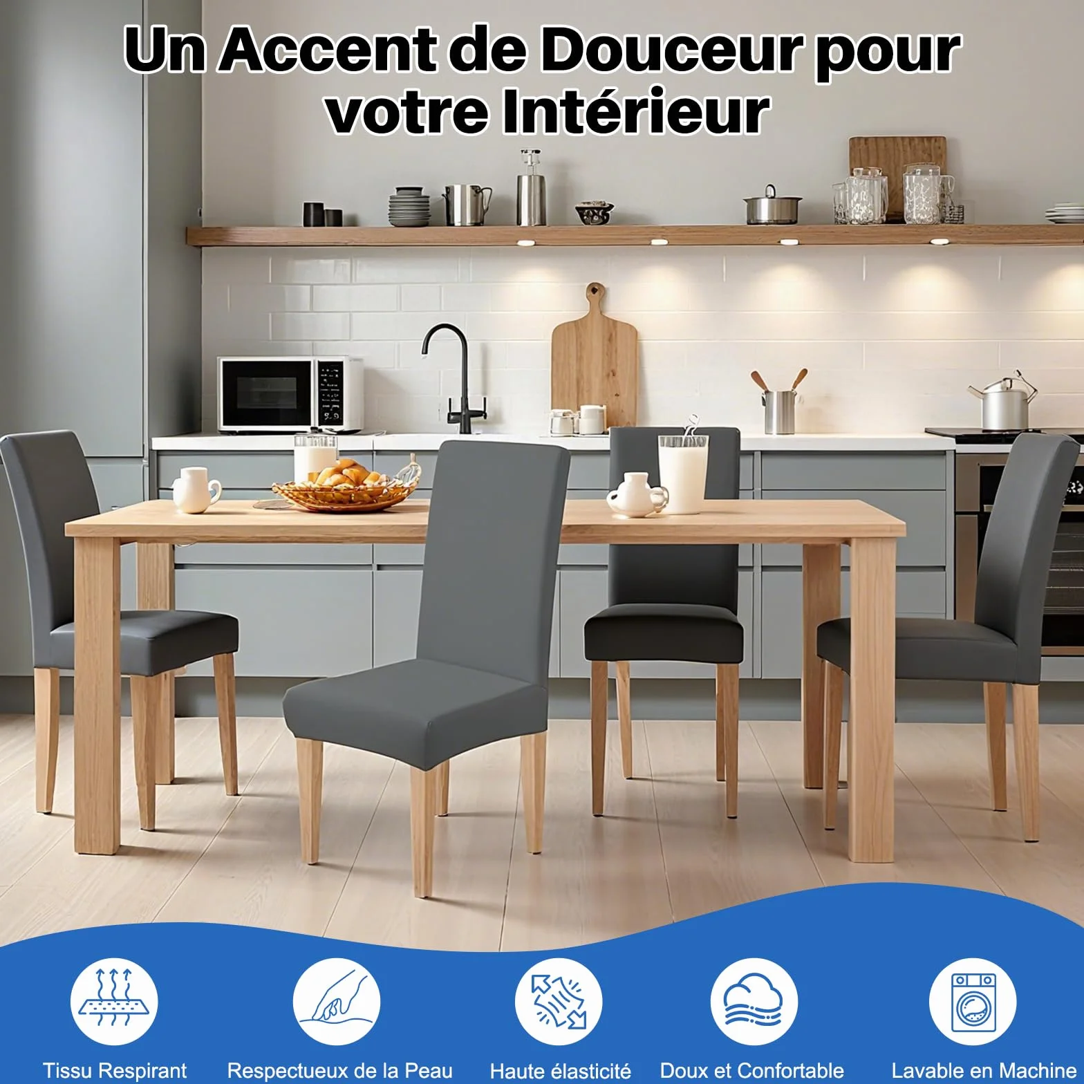 Housse de Chaise Extensible 4 Pièces Amovible Lavable Gris pour Salle à Manger Hôtel