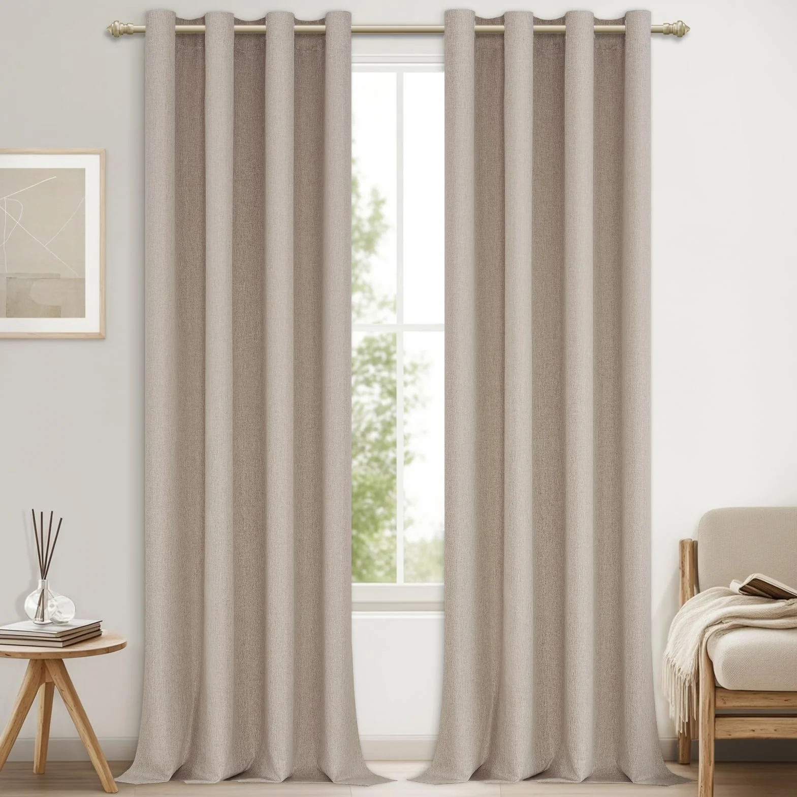 Rideau Occultant Thermique Lin Naturel à Oeillets 100% Bloquer Lumière, Anti Froid Chaleur pour Fenêtre Chambre Salon Lot de 2 140x245 CM