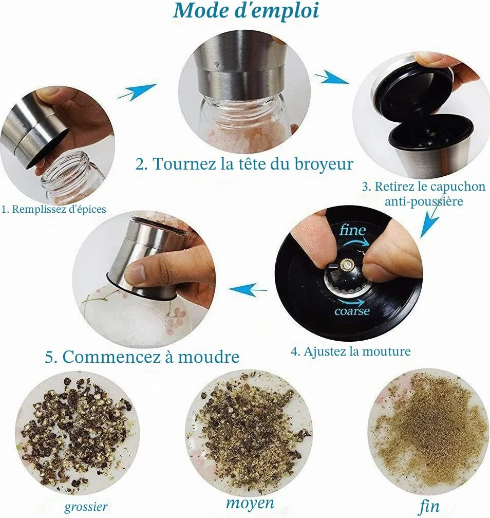 Moulin à poivre en acier inoxydable avec corps en verre, broyeur manuel en céramique réglable pour épices et herbes