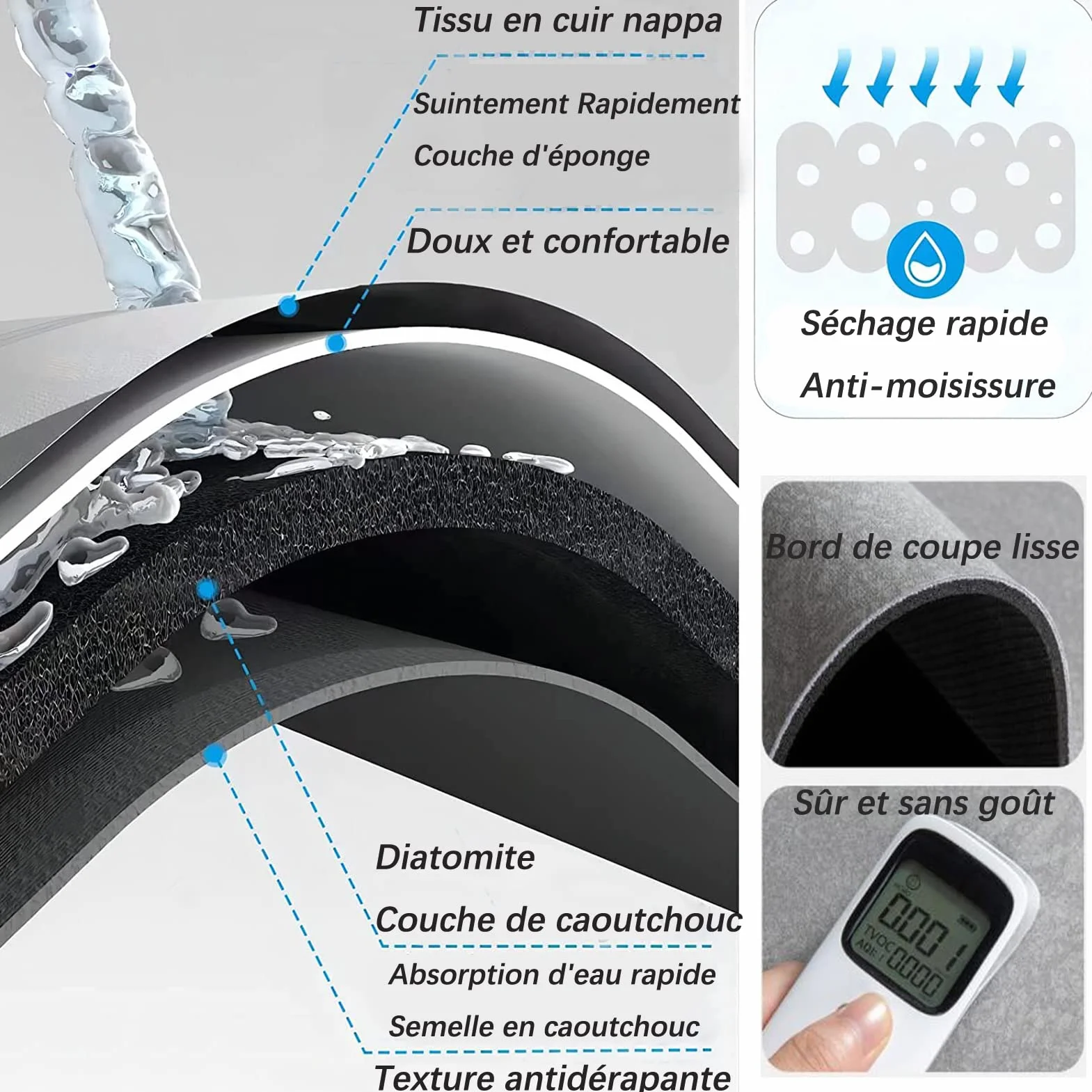 Tapis de Bain Antidérapant Diatomite Super Absorbant Microfibre Doux Séchage Rapide
