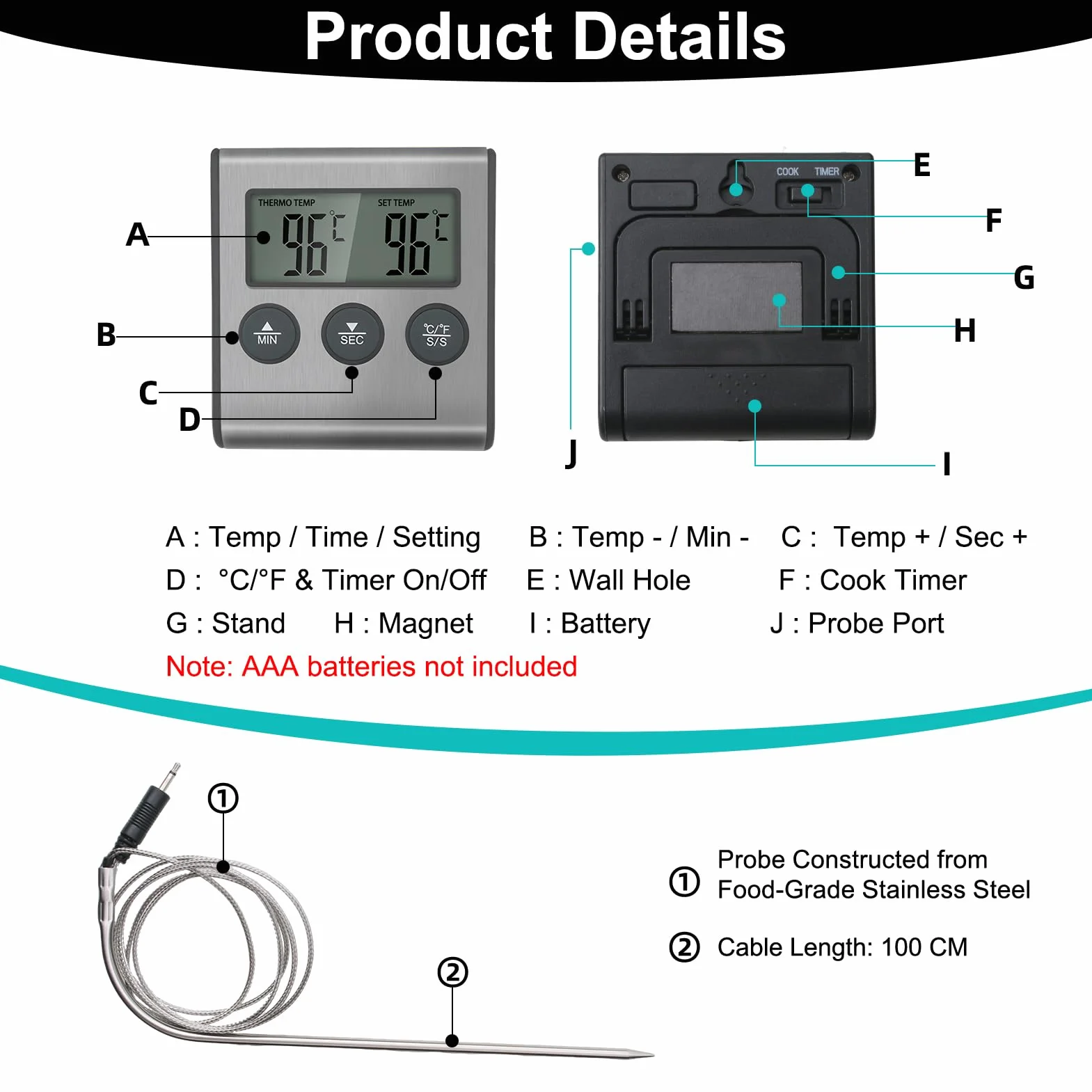 Thermomètre de Cuisson Numérique avec Grand Écran LCD, Sonde en Acier Inoxydable, Minuterie pour Four, Gril et Barbecue