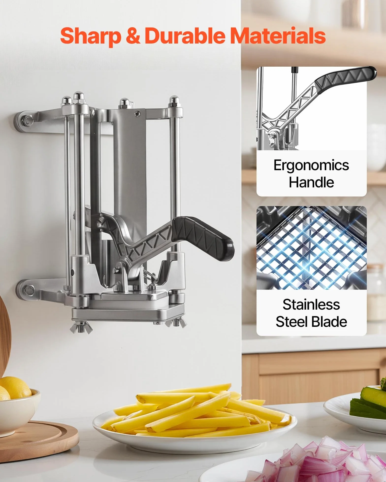 VEVOR Coupe Frites Manuel, Coupe Légumes en Bâtonnets Inox 6 mm 9 mm, Mural ou Comptoir, pour Pomme de Terre Fruits Cuisine Restaurant