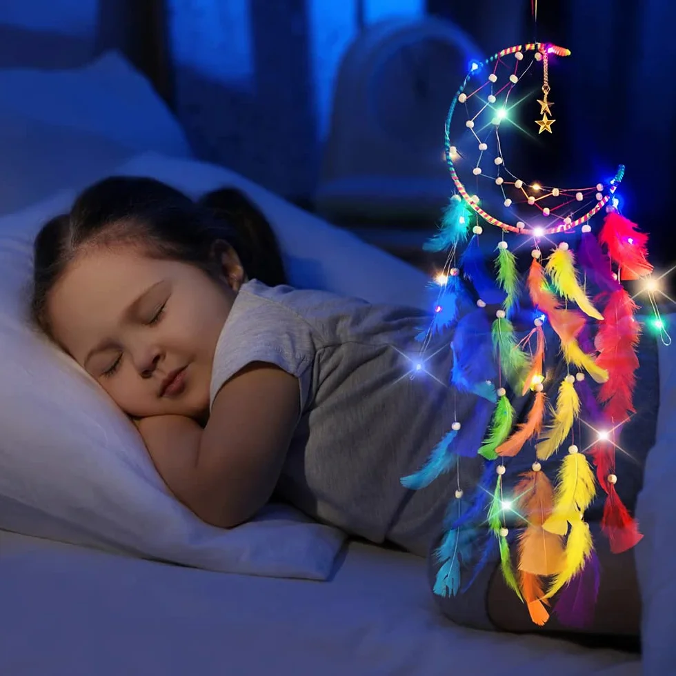 Attrape de Rêves LED Lumineux Fait Main Plume Tapisserie Bohémien Décoration Chambre Mur