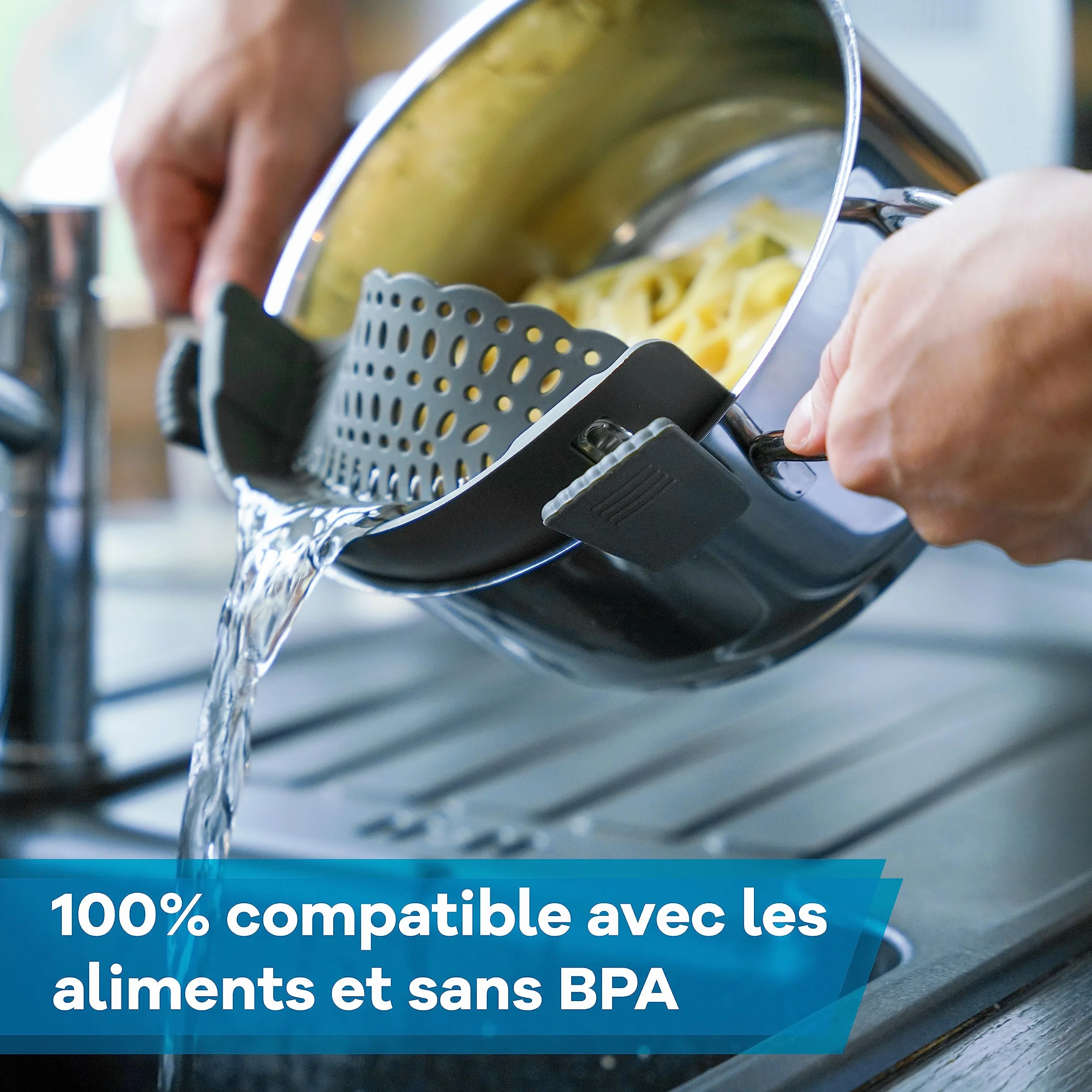 Passoire Clipsable Universelle en Silicone Sans BPA pour Casseroles Gadget Cuisine Égoutter Pâtes Compacte