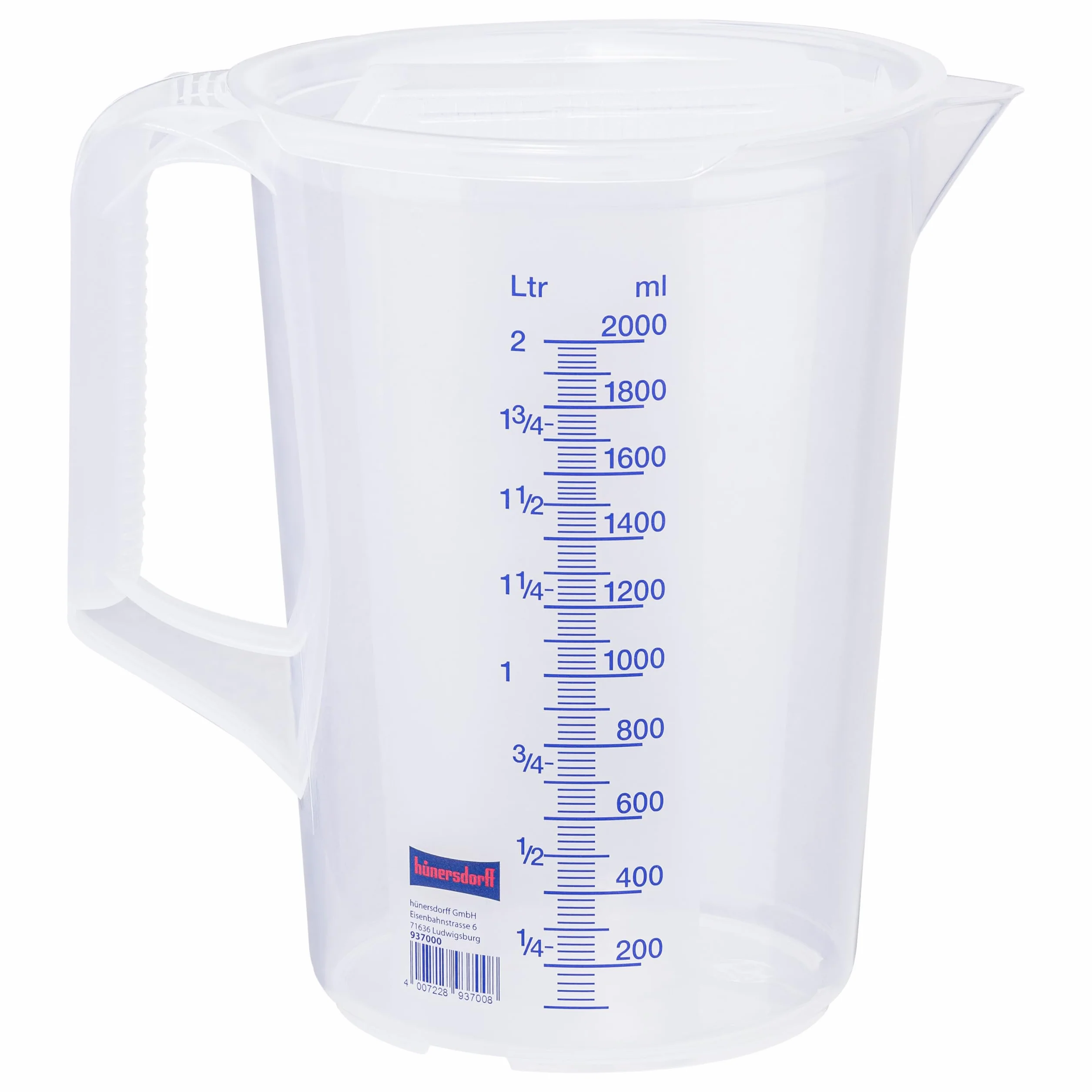 hünersdorff Verre Doseur 2L Polypropylène Incassable Lave-Vaisselle Poignée Transparent Graduation Bleue 2000ml