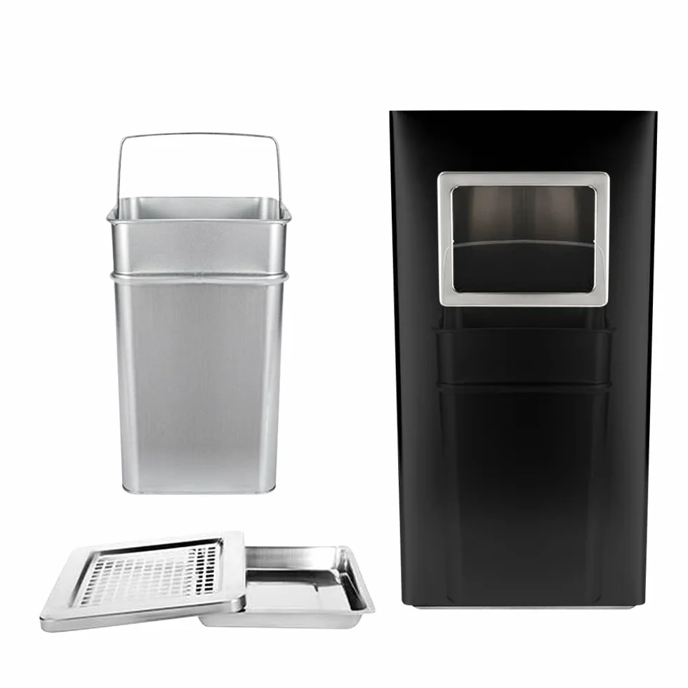 Poubelle en acier inoxydable 35L avec cendrier sur pied, 24x24x60 cm noir