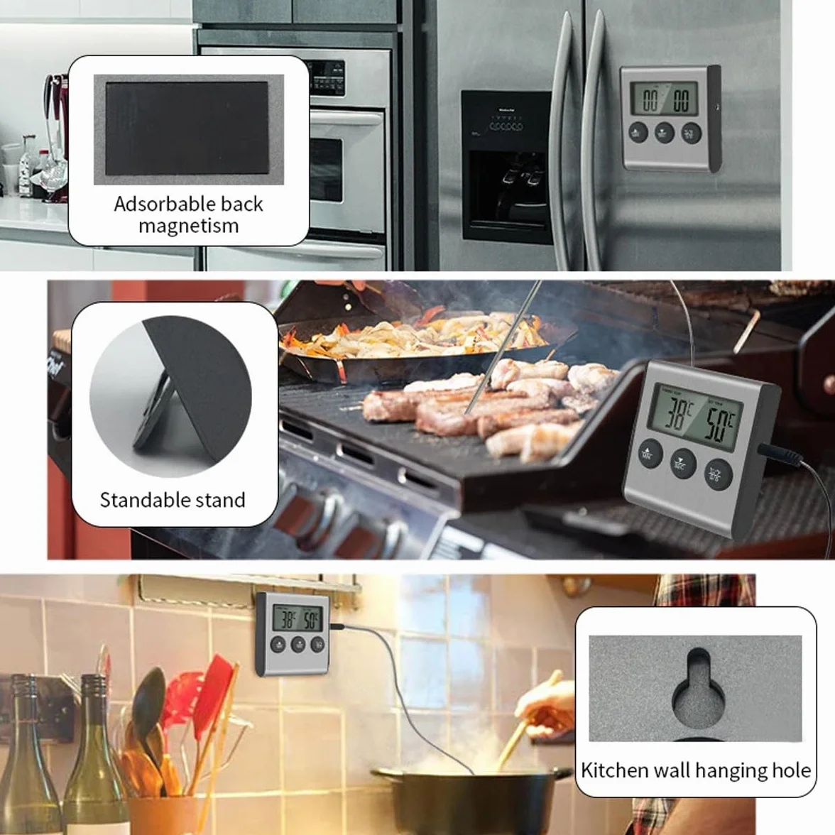 Grand thermomètre numérique LCD pour cuisson des aliments et de la viande avec sonde en acier inoxydable, fumoir, four, barbecue