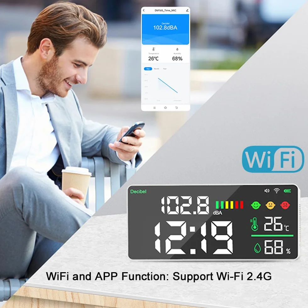 Décibelmètre Sonomètre WiFi 4 en 1, Test de bruit Température Humidité, Réveil, Écran LED 11 pouces