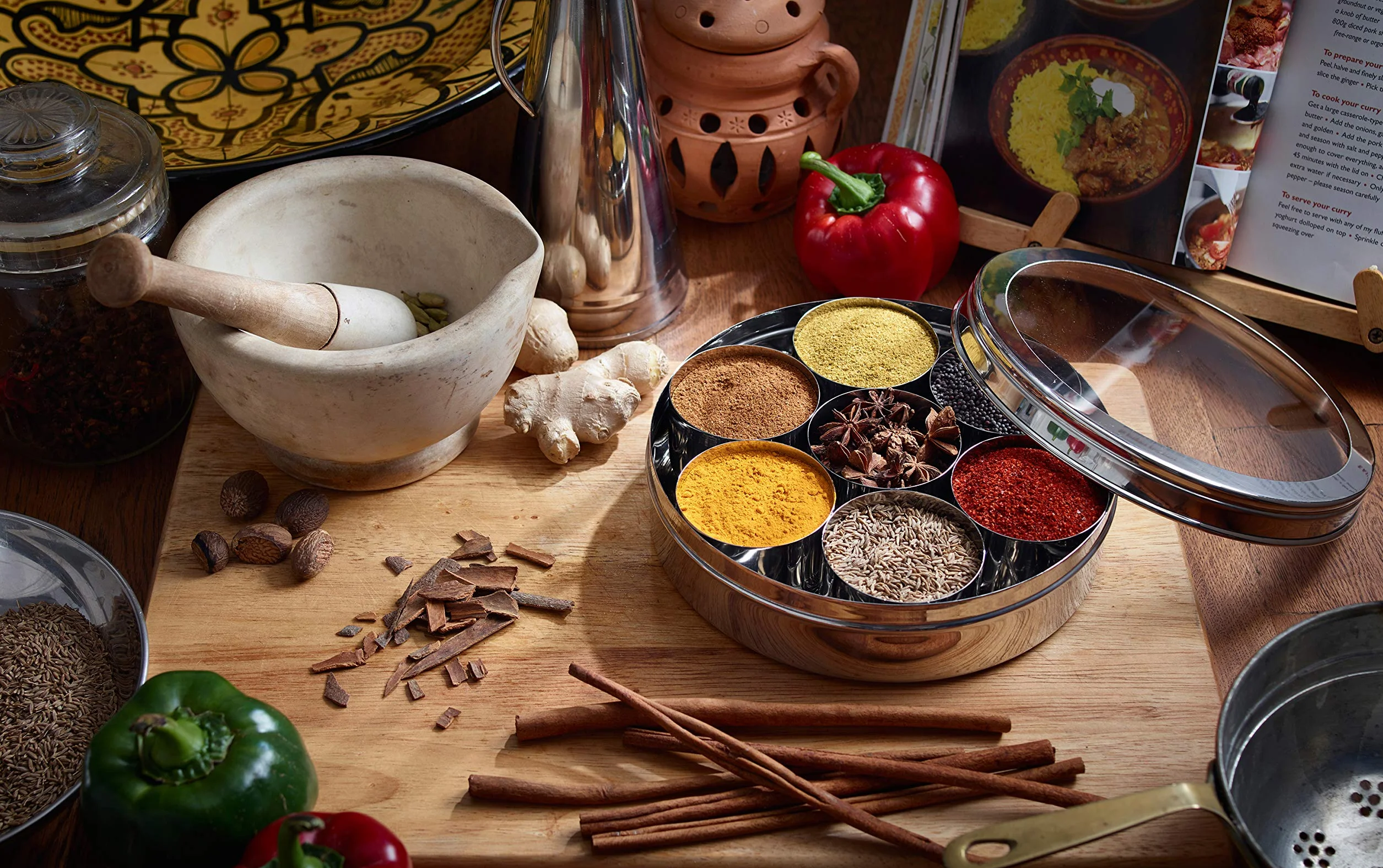 Zinel Masala Dabba Boîte à épices Acier Inoxydable 7 Compartiments 2 couvercles 16 cm