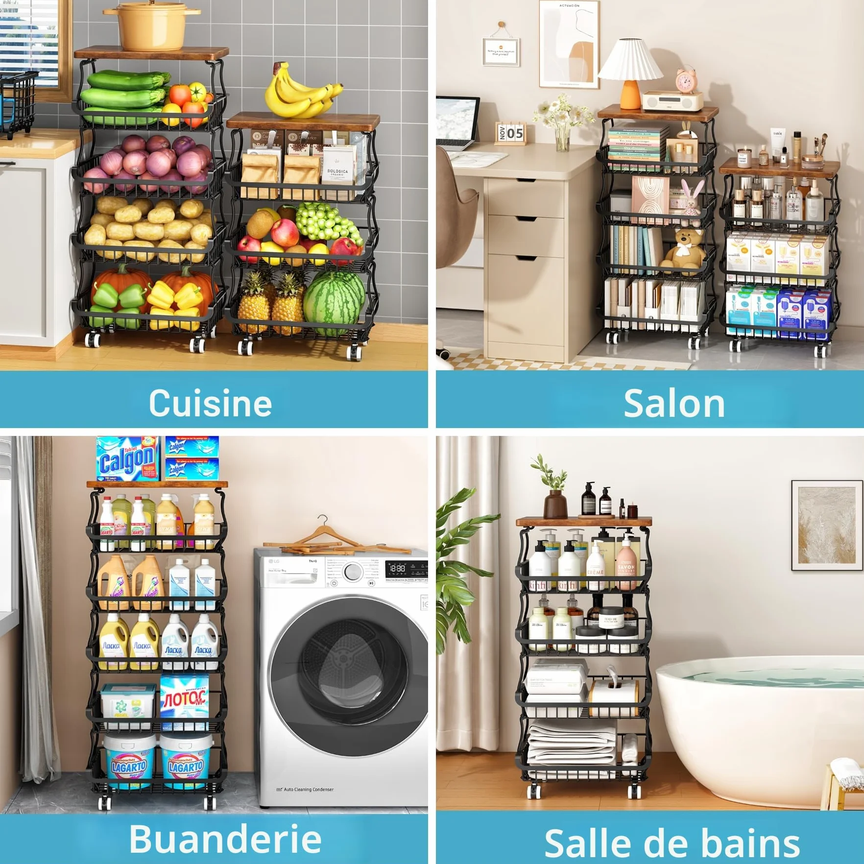 Organisateur de Garde-Manger 4 Niveaux Chariot de Rangement à Roulettes, Paniers Métalliques Empilables