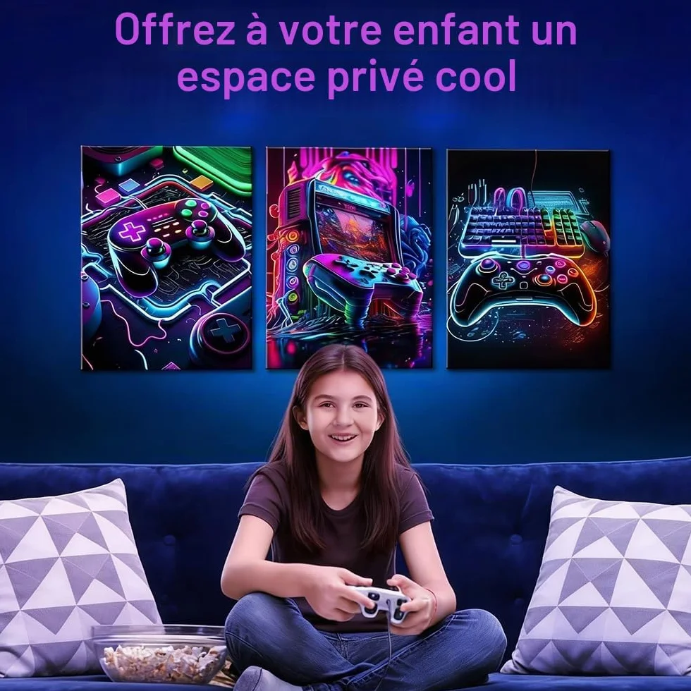 3 Estampes D'art Mural Affiche Manette de Jeu Vidéo Néon Poster Gaming 30x40 cm Sans Cadre