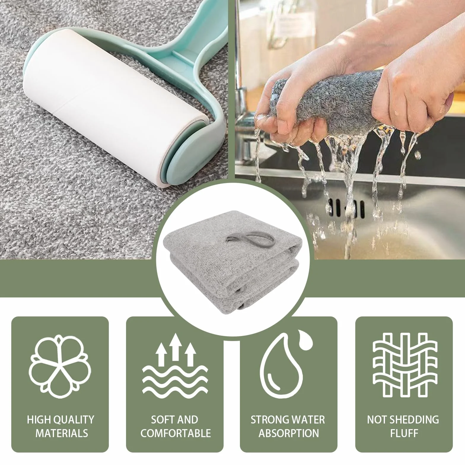 VIVOTE Lot de 2 Torchons Mains Cuisine Anneaux Essuie-Mains Salle de Bain Doux Absorbants Séchage Rapide Fibre Carbone Suspendre Cordon Gris 50x50 cm