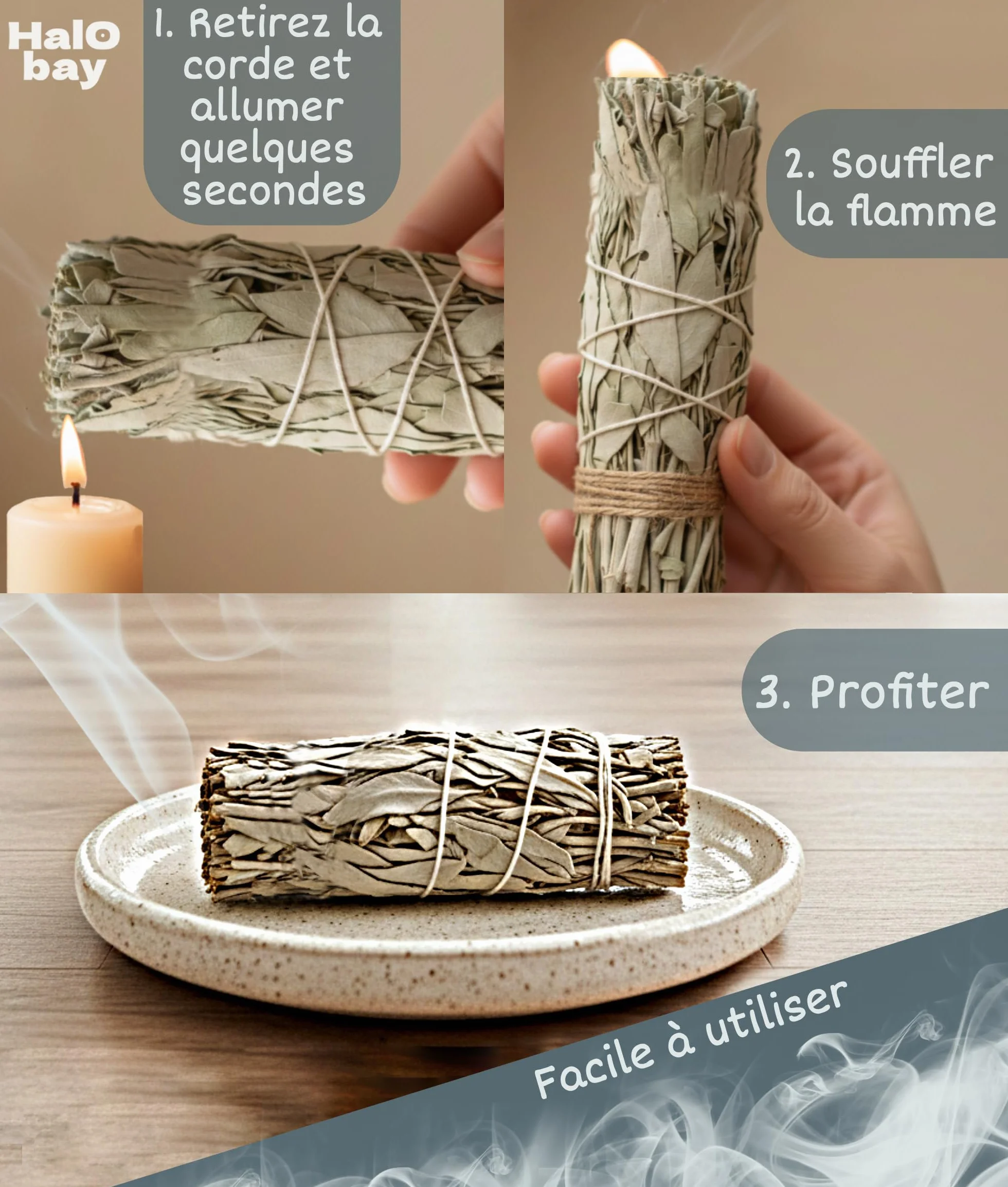 Sauge Blanche Bâton Encens Purification Naturel 10cm Rituel Méditation Yoga Salvia Apiana