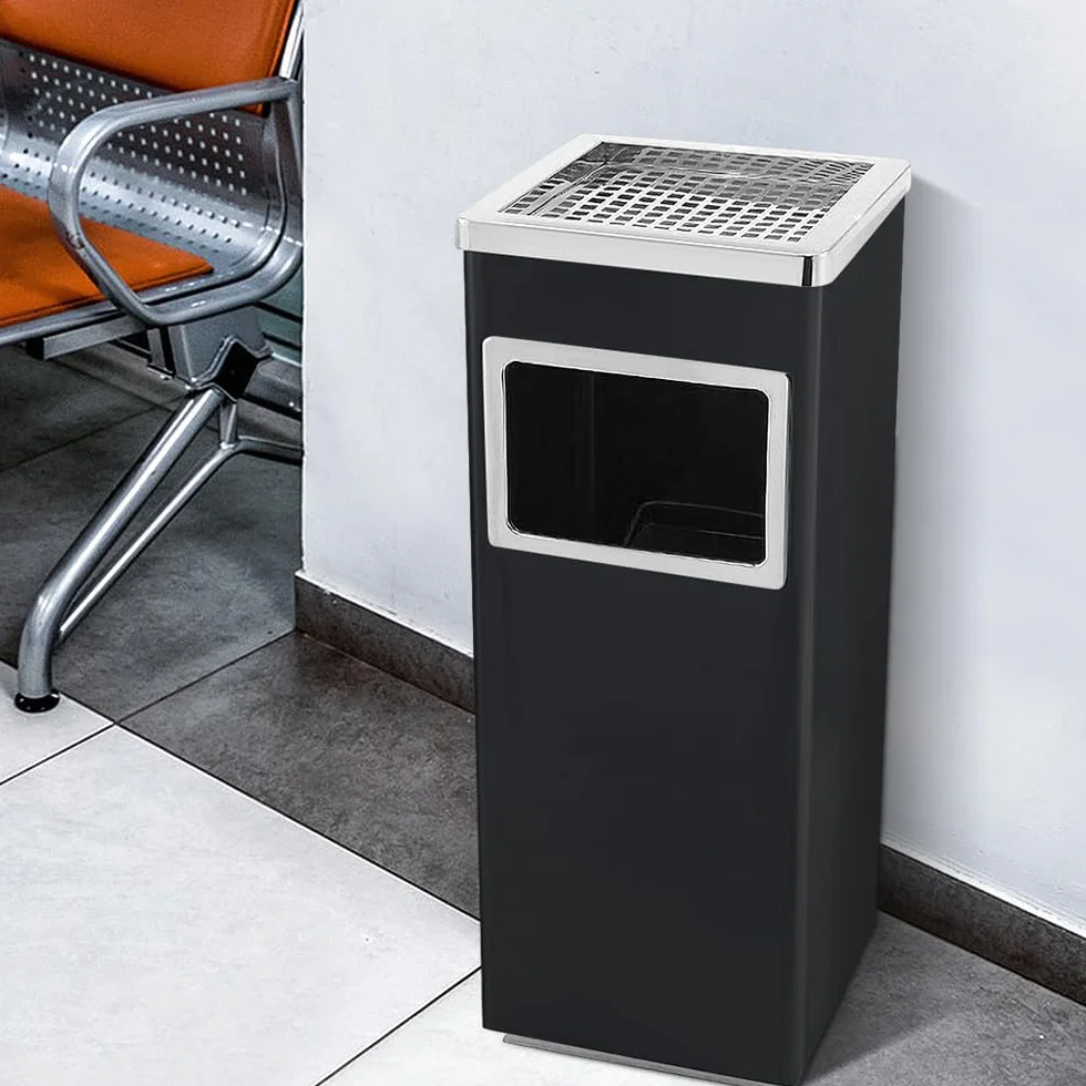 Poubelle en acier inoxydable 35L avec cendrier sur pied, 24x24x60 cm noir