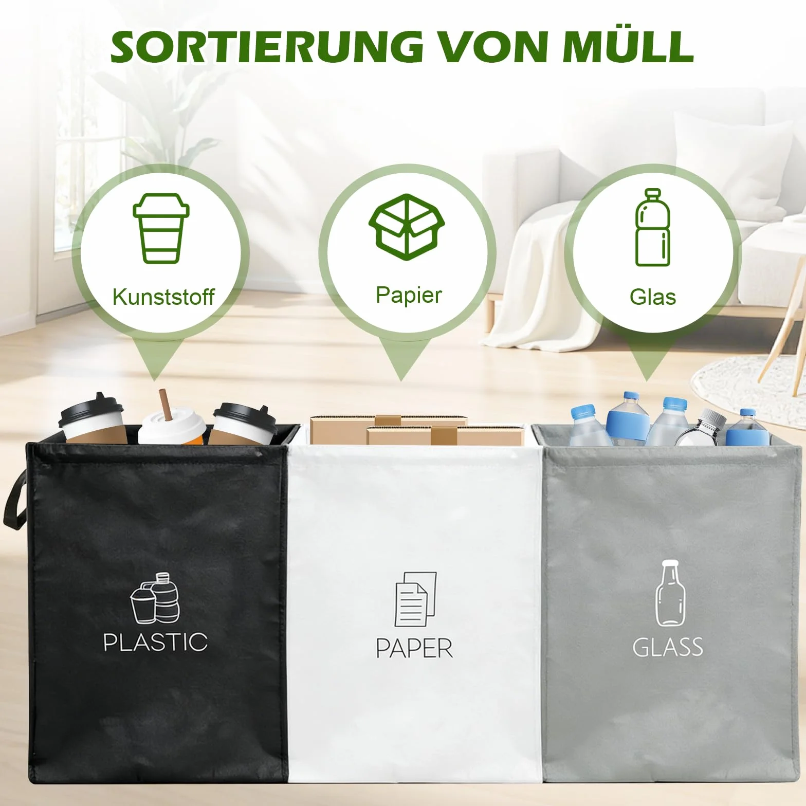 Lot de 3 Sacs Tri Selectif Poubelles Recyclage Organisateur pour Bouteilles Consignées Papiers Cuisine Exterieur