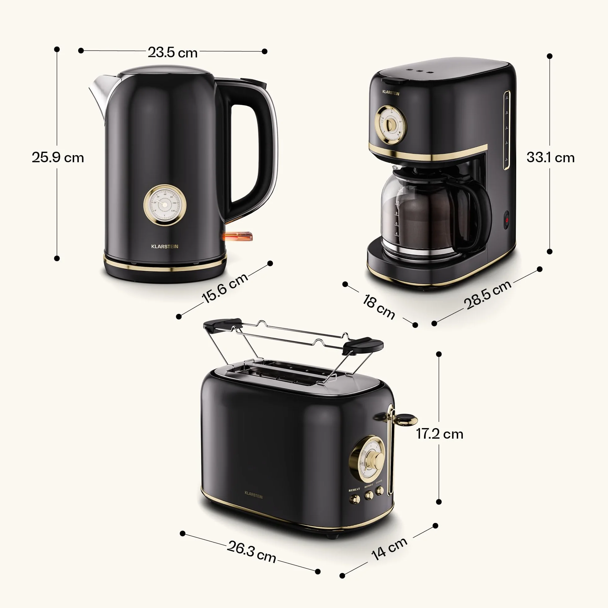 KLARSTEIN Victoria Set Petit-Déjeuner Complet – Grille-Pain 2 Fentes 7 Niveaux, Bouilloire Électrique 1,7L, Cafetière Filtre 12 Tasses, Design Rétro, Noir