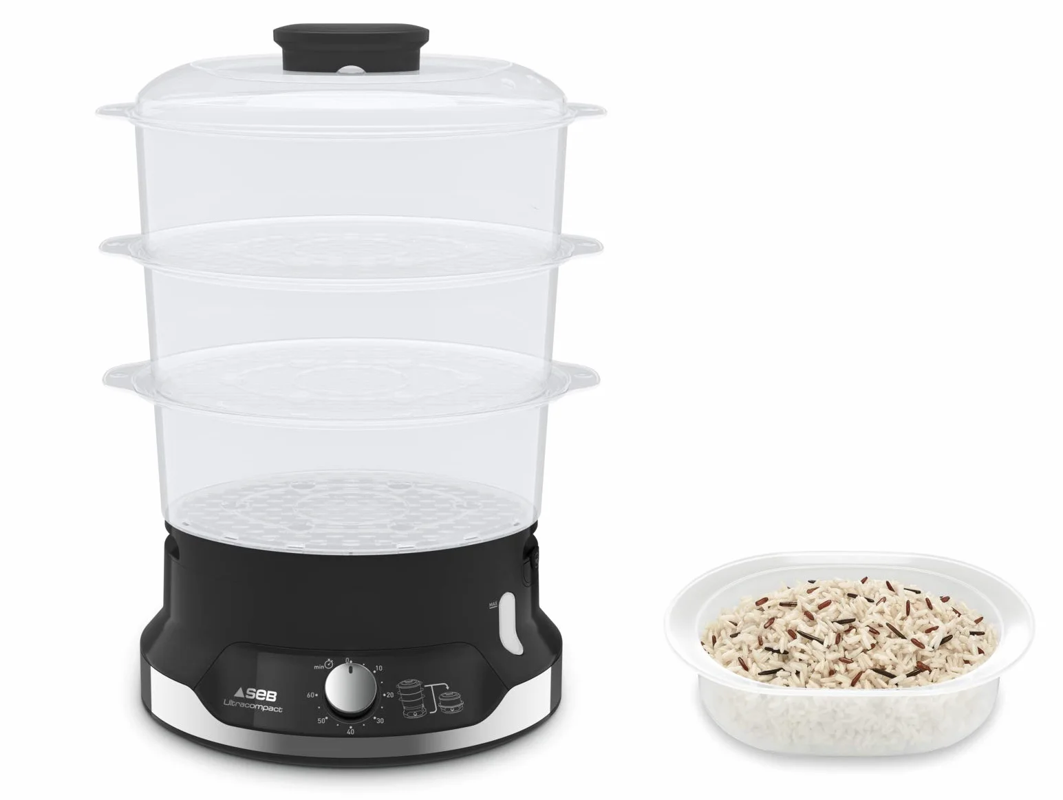 Seb Ultracompact Cuiseur Vapeur 9 L 800 W 3 Bols Empilables Minuteur 60 min Arrêt Automatique VC204800