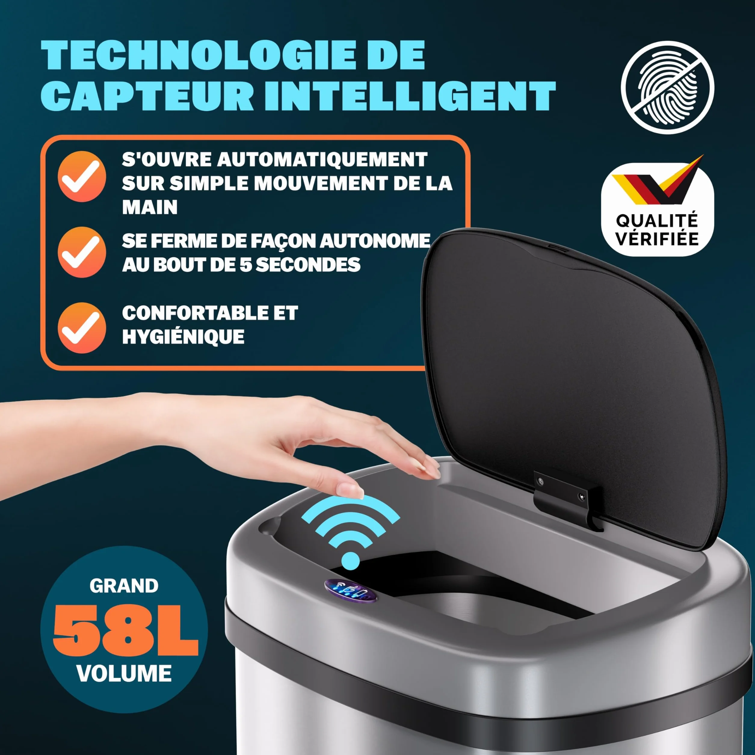 Monzana Poubelle automatique acier inoxydable 58 L capteur de mouvement USB argent