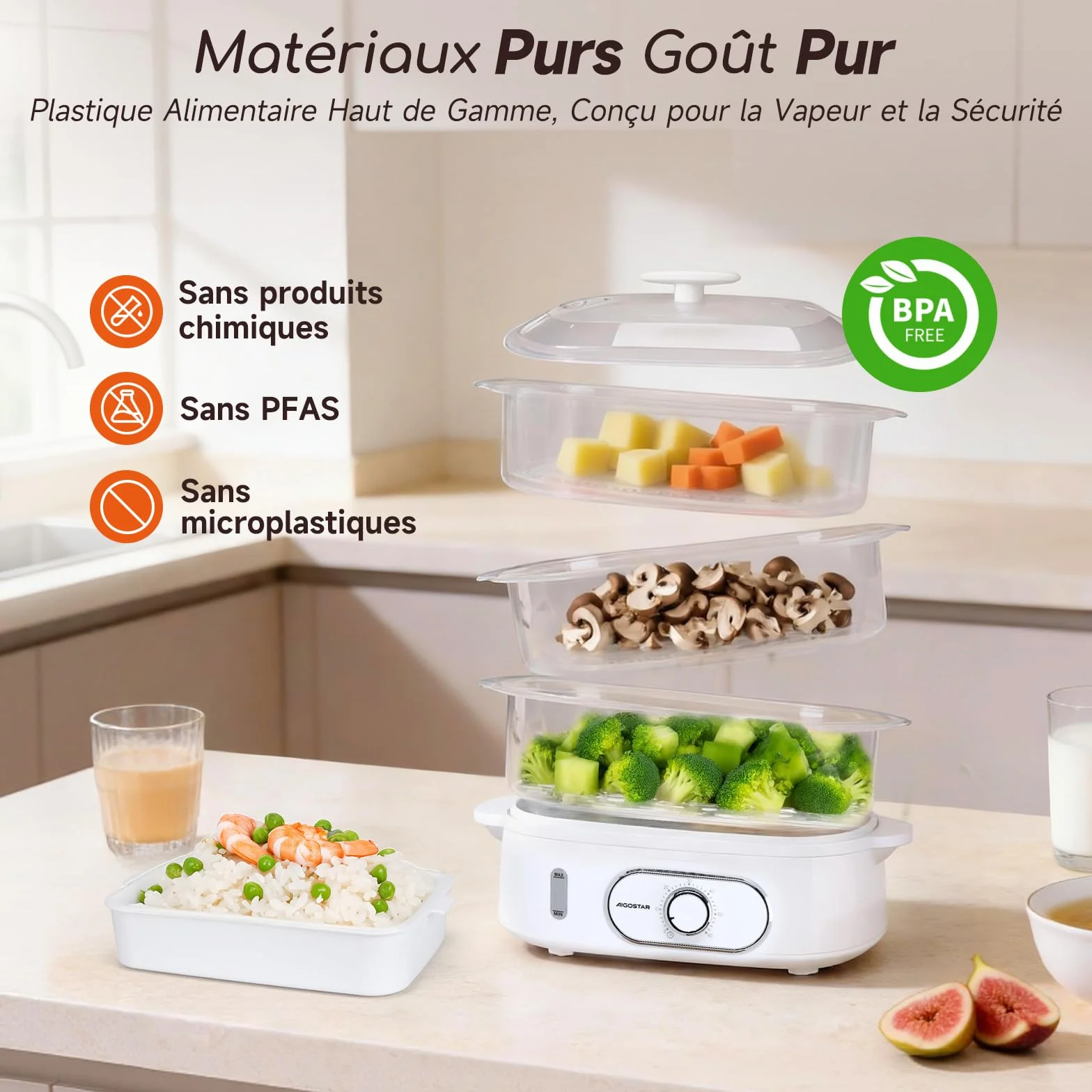 Aigostar Cuiseur Vapeur Electrique 12L 900W 3 Récipients Empilables Minuterie 60 Minutes Sans BPA