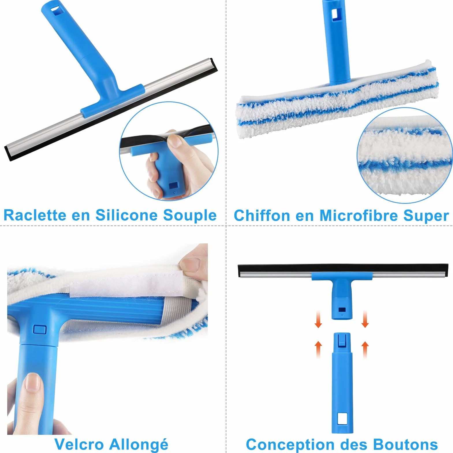 Raclette à Vitres Télescopique 146cm, Nettoyeur Vitre Silicone Brosse Microfibres, Kit Nettoyage Professionnel Fenêtres Voiture